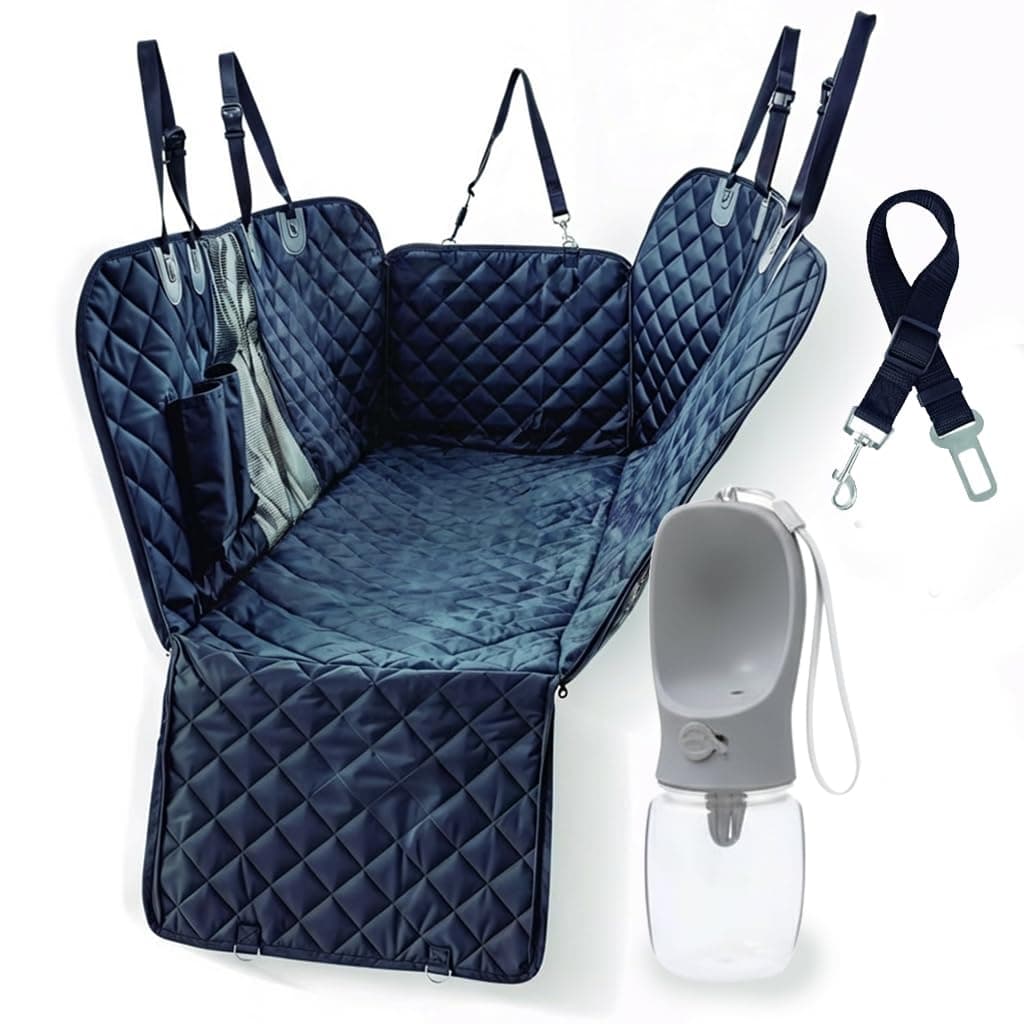 IWOTTO Funda Coche Perro | Protector Asiento Trasero y Maletero | Impermeable, Antideslizante y Ajustable | Pack Bebedero + Cinturón Seguridad | Fácil de Limpiar