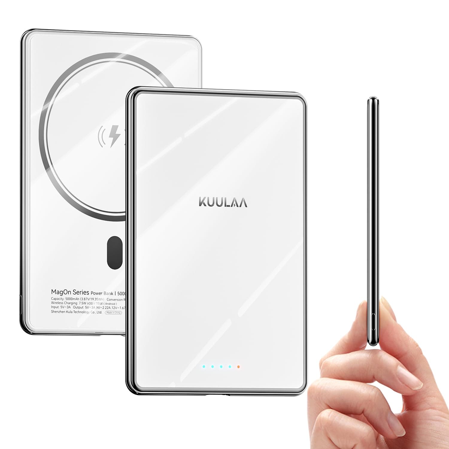 Kuulaa Batterie Externe iPhone Magsafe 5000mAh Power Bank USB C Chargeur Externe Slim 6.9 mm, PD 20W Batterie Portable Magnétique Charge Rapide Chargeur Portable pour iPhone 17-12, Miroir Blanc