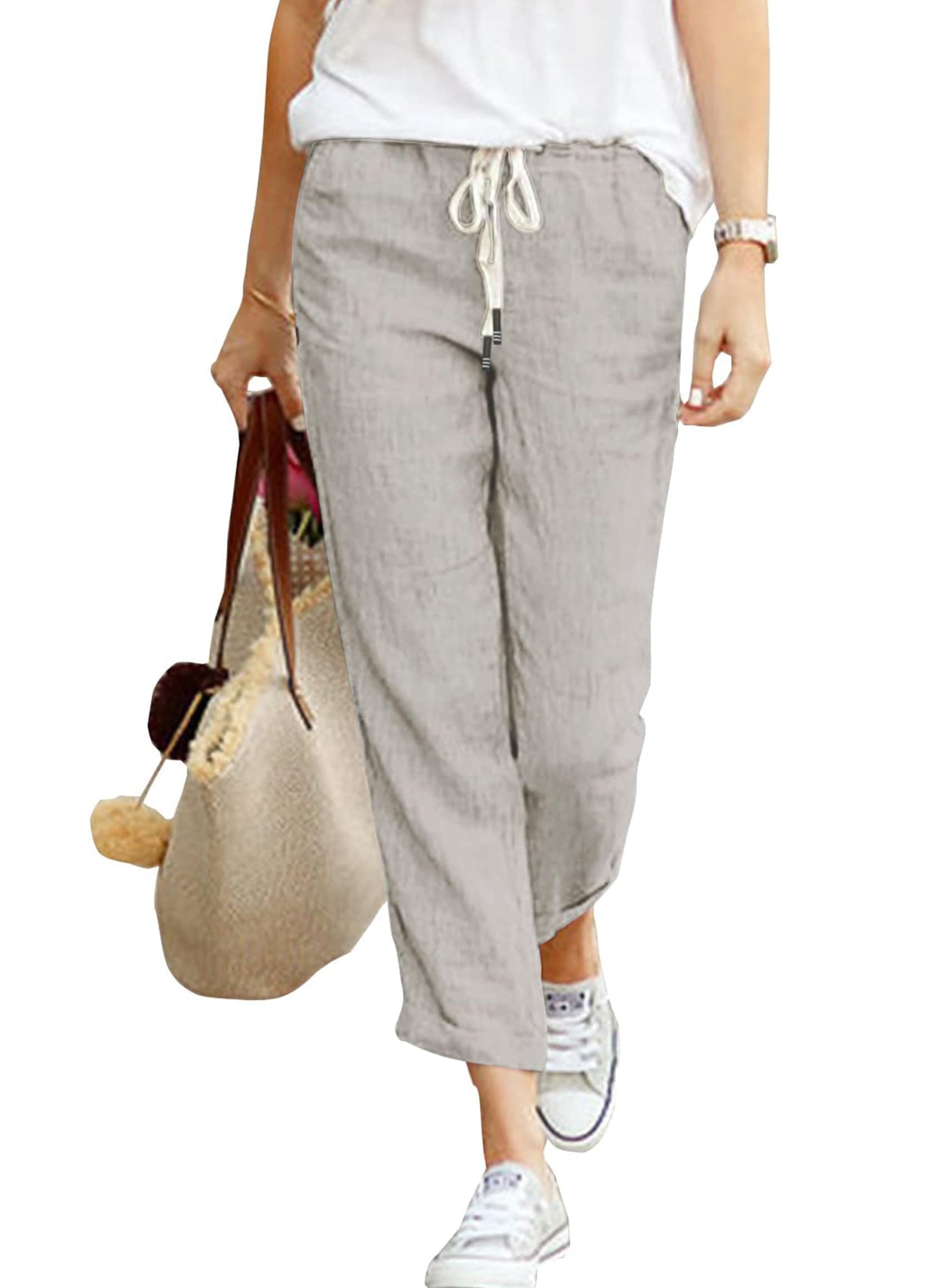 Cegerne Pantaloni in Lino Donna 7/8 Estivi Leggeri e Traspiranti Vita Elastico con Tasche Casual per Spiaggia Vacanze e Tempo Libero