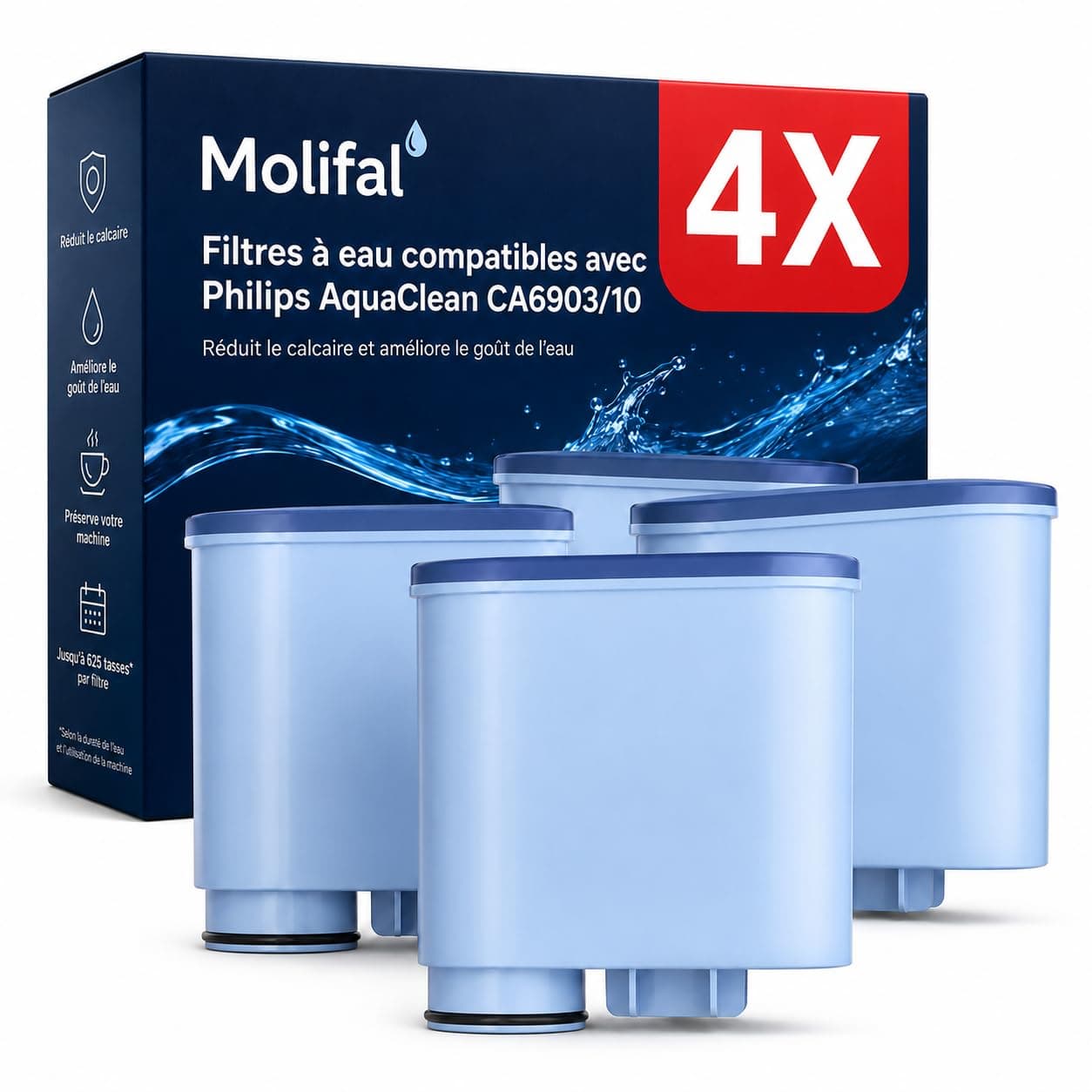 Molifal Lot de 4 filtres à eau compatibles Philips AquaClean CA6903/10, CA6903/22. Compatible avec Saeco Philips LatteGo. Sans BPA, anti-calcaire, améliore le goût