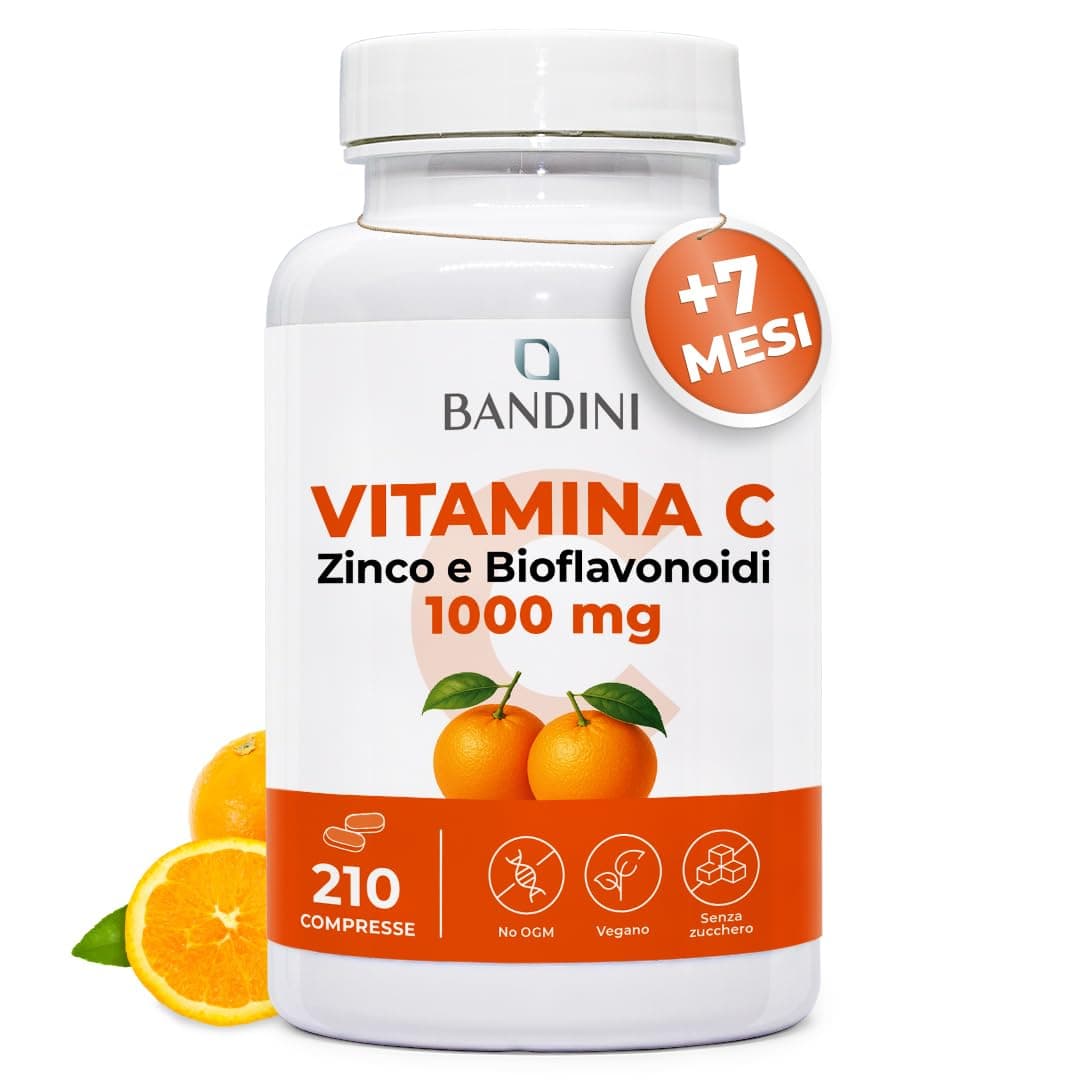 Bandini® Vitamina C 1.000mg + Zinco 210 Compresse (+7 Mesi) | Alto Dosaggio | Per Sistema Immunitario, Pelle, Ossa, Unghie, Capelli | Integratore con Acido Ascorbico e Bioflavonoidi 100% Vegan