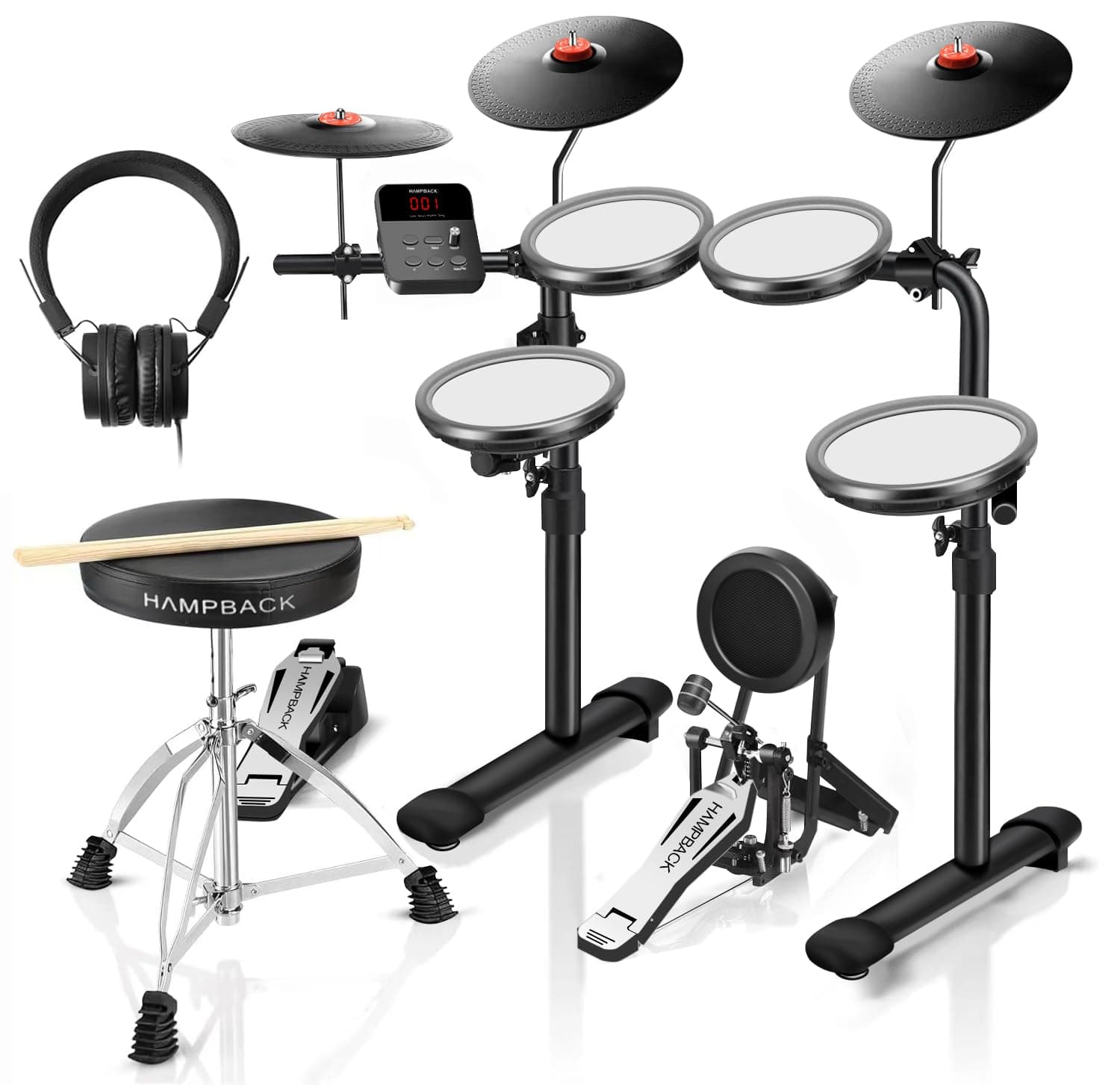 MK-0 PRO Batteria Elettronica con Pad Mesh da 7", Piatti Full Rubber da 8", Cassa da 5", 12 Kit e 68 Suoni Autentici, USB MIDI, Sgabello, Bacchette e Cuffie, per Principianti e Bambini