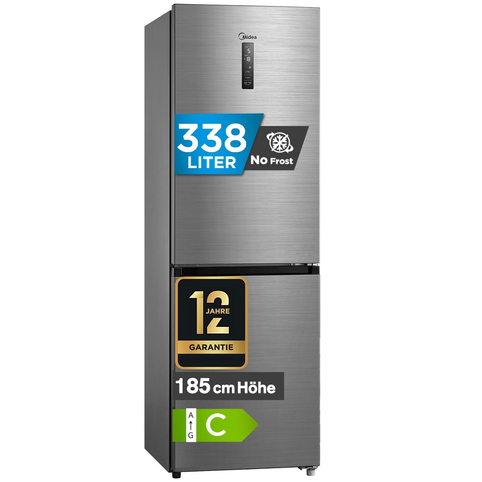 Midea Kühlschrank mit Gefrierfach MERB345MGC46EU, 185 cm hoch, 216 L Kühlteil, 122 L Gefrierteil, Dual Inverter System, No Frost, 35 dB leiser Betrieb, AllAround Cooling, Super Cooling