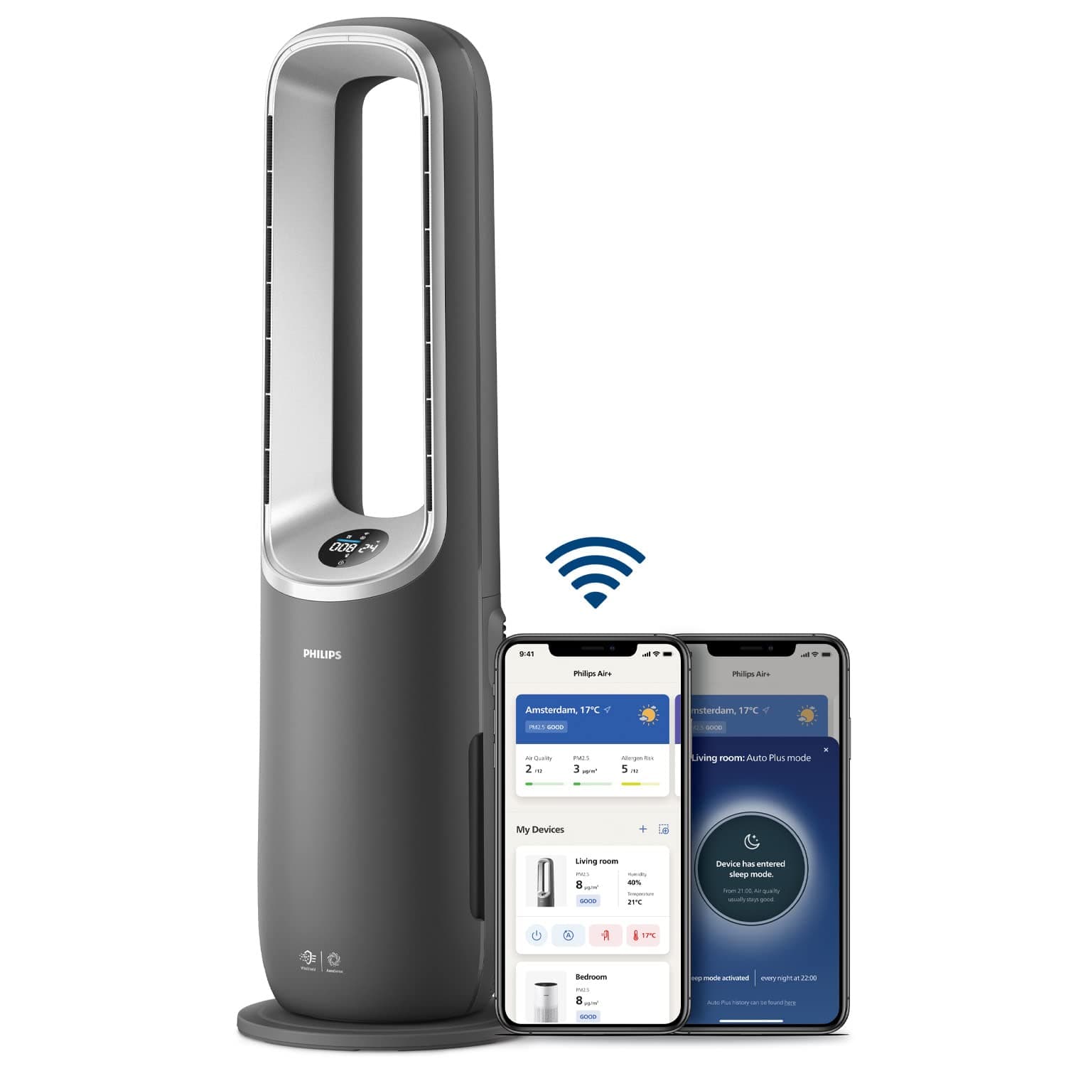 Philips Purificateur d'air Série 8000 - Purificateur, Chauffage & Ventilateur 3en1, jusqu'à 70m², Élimine 99,97% Allergènes & Polluants, Filtre HEPA, Capteurs Intelligents, App Air+, Gris (AMF870/15)