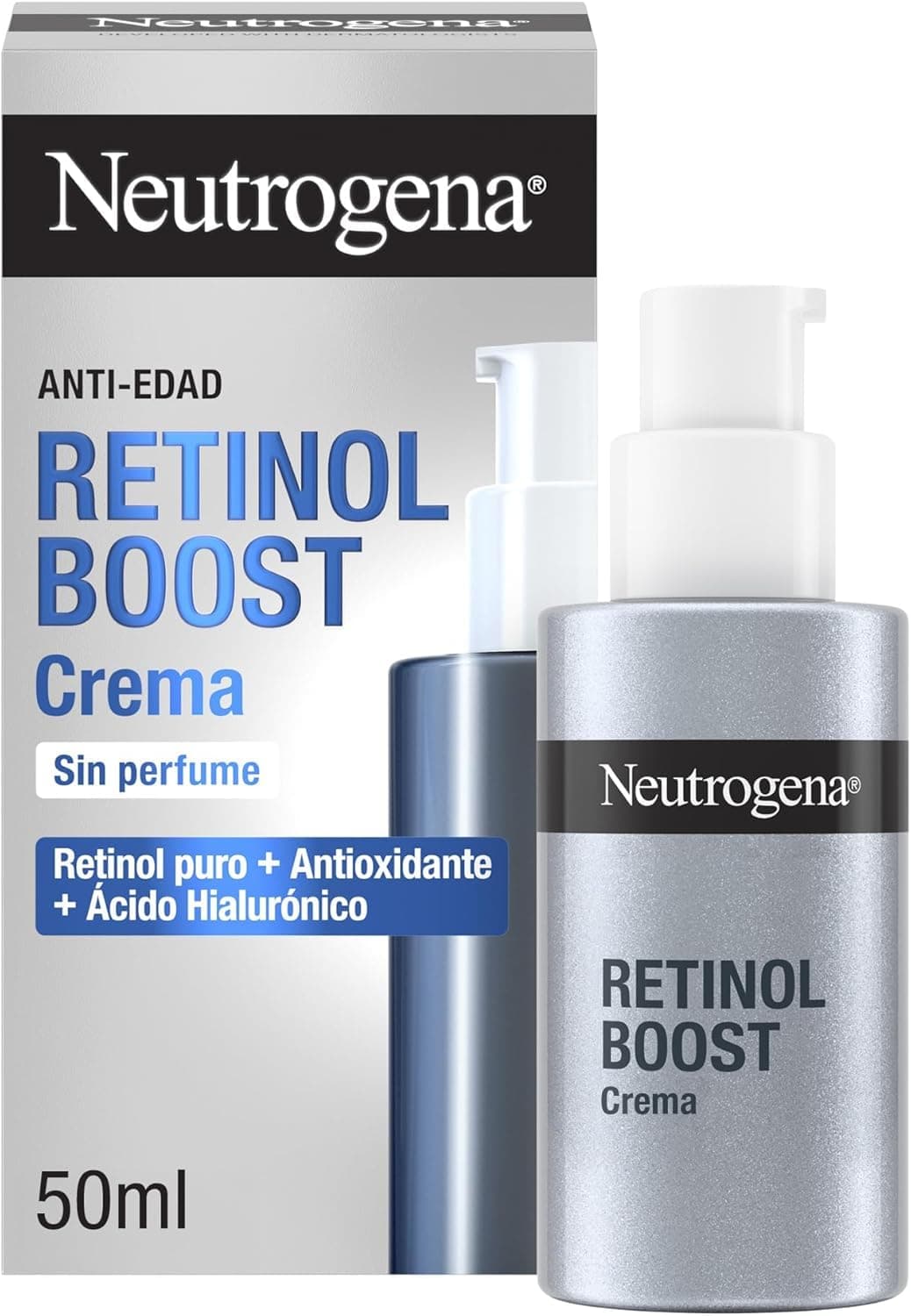 Neutrogena Retinol Boost Crema antiedad (50 ml), tratamiento facial con Retinol puro y Ácido Hialurónico, crema antiarrugas que combate los signos del envejecimiento, sin perfume