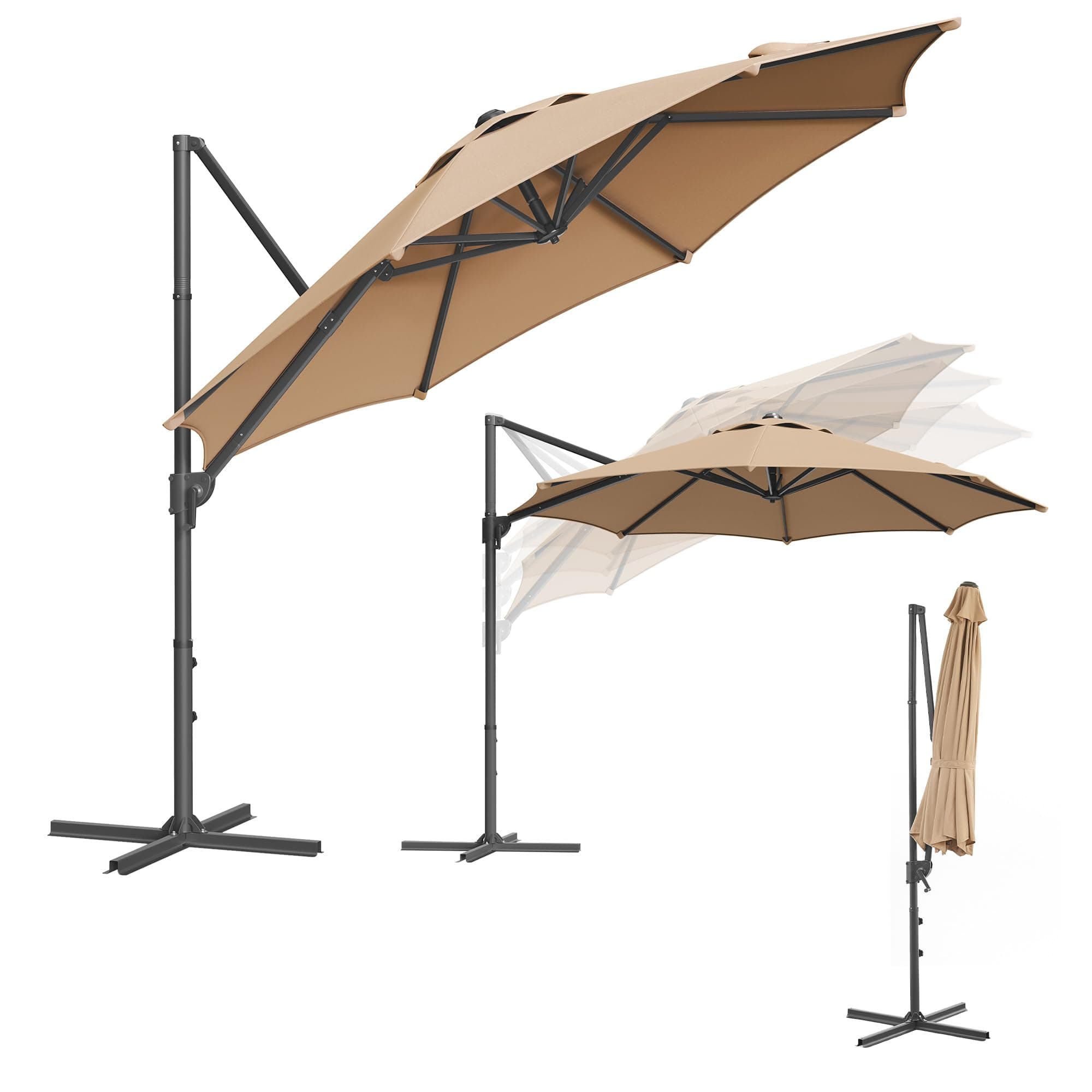 SONGMICS Parasol de Jardin 300 cm, UPF 50+, Parasol de Terrasse, Pivotant à 360°, Inclinaison Fluide, Manivelle, avec Base en Croix, Marron Camel GPU074K10