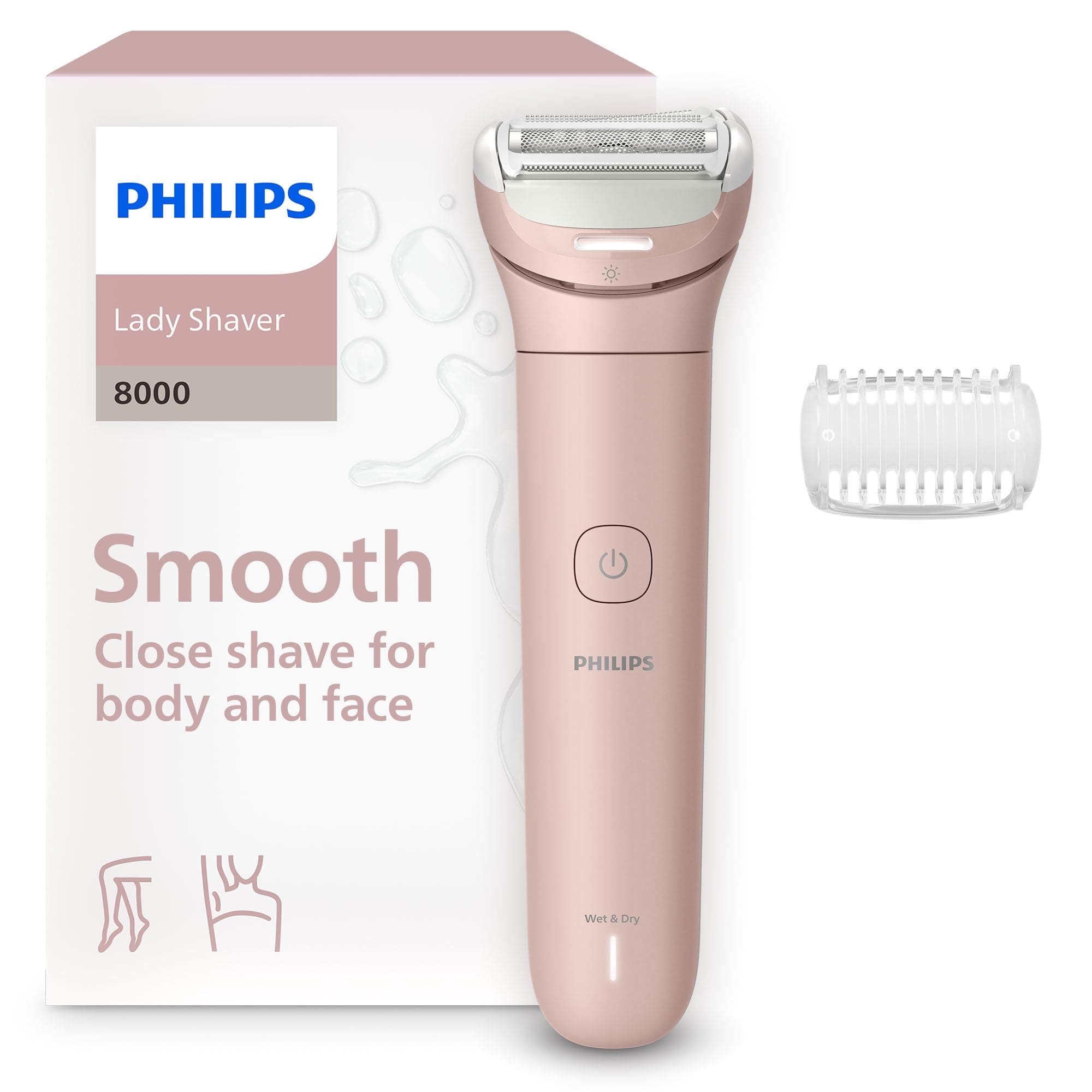 Philips Lady Shaver série 8000 – rasoir sans fil, sur peau sèche ou mouillée, système de rasage à 3 lames, tête de rasage flexible, éclairage LED, jambes et corps, autonomie 100 min, modèle BRL129/00