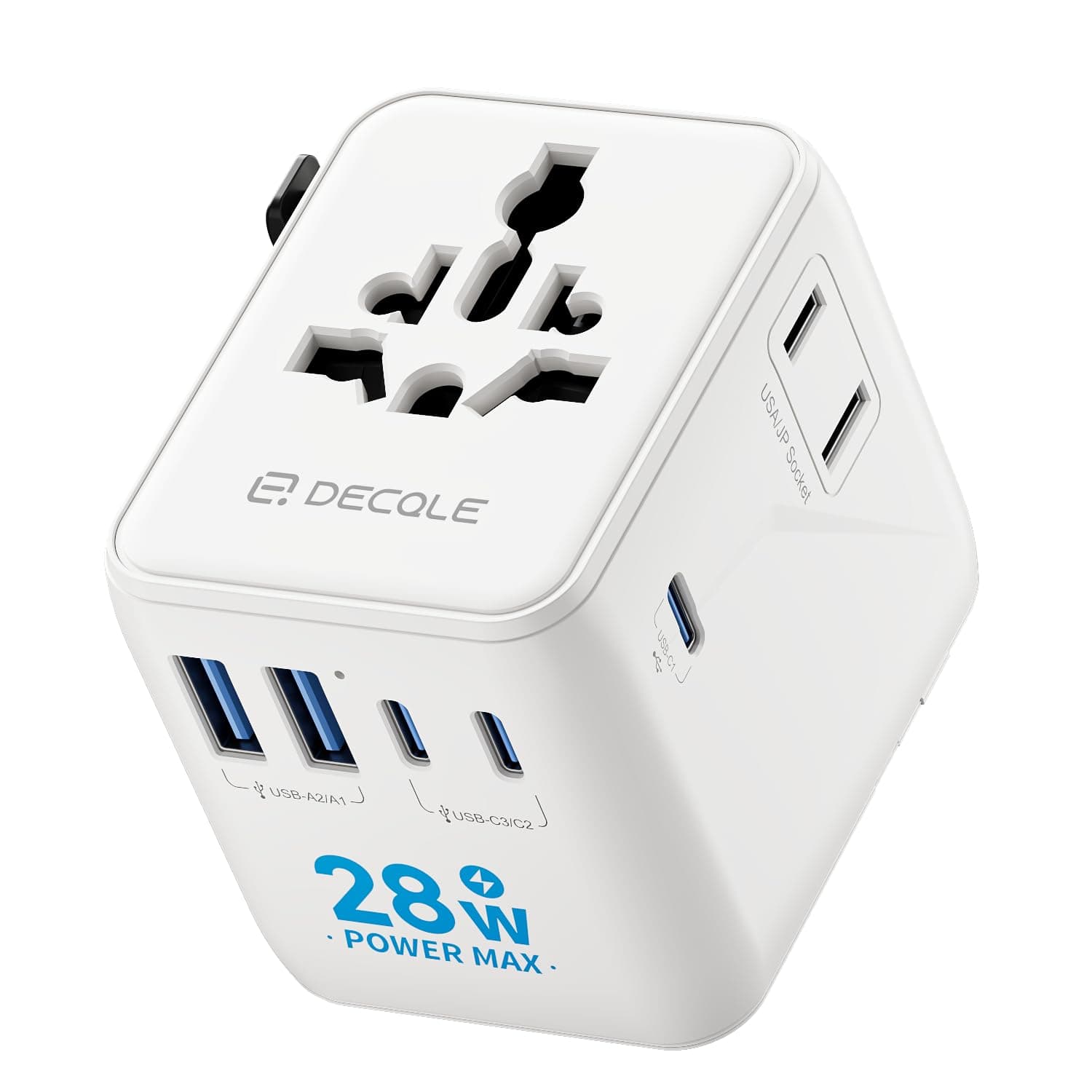 decqle Adaptador Enchufe Universal, Adaptador de Viaje con 3 USB-C(28W), 2 USB-A y 2 AC, Adaptador Universal para EU, Reino Unido, Americano, Canadá, Australia& 224+País(Blanco)