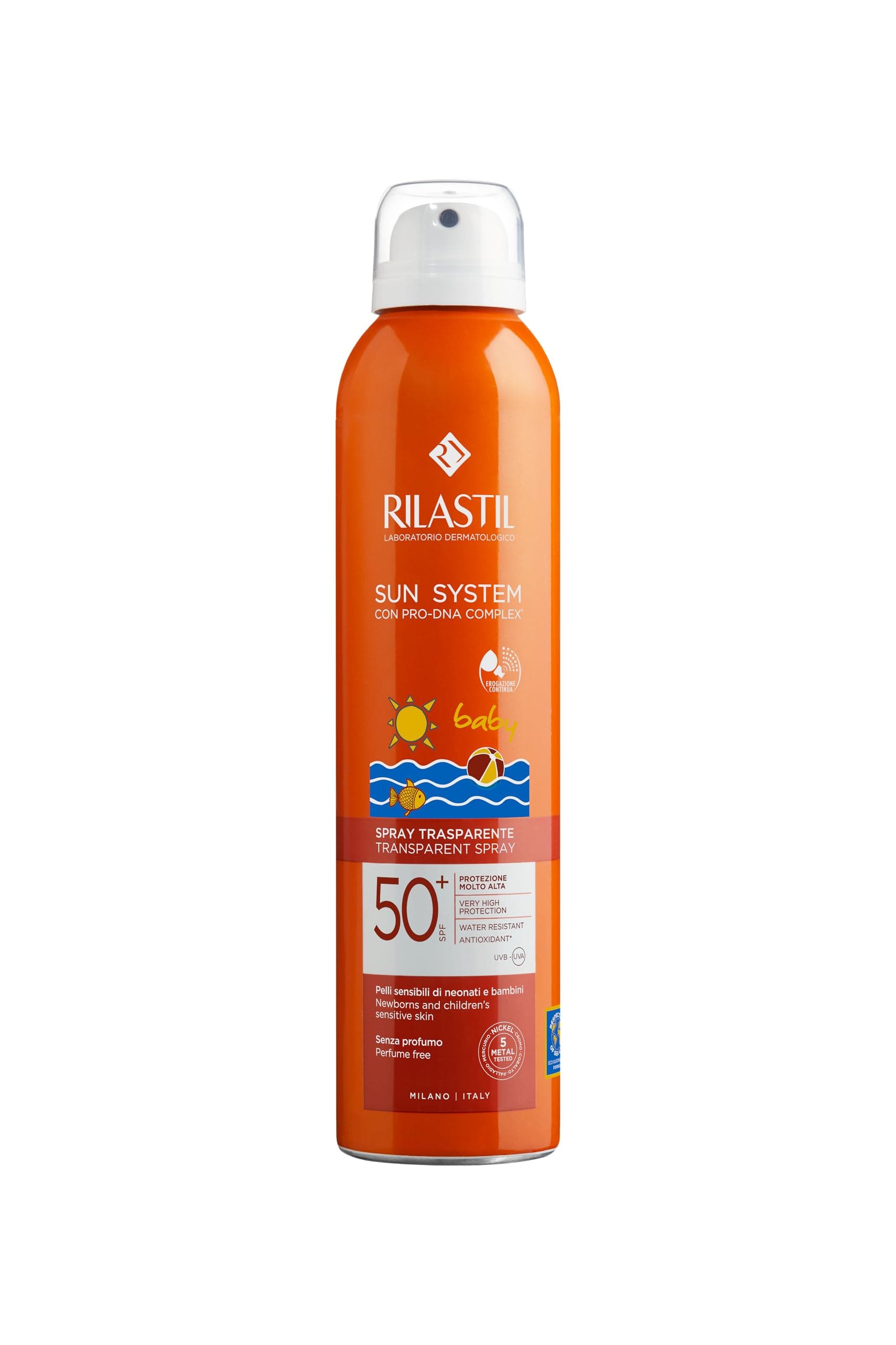 Rilastil Sun System Baby Transparent Spray SPF50+, Spray Corpo Bambini Trasparente, Previene Scottature, Macchie ed Eritemi, Pelli Delicate, Resistente all' Acqua, Senza Profumo, 200ml