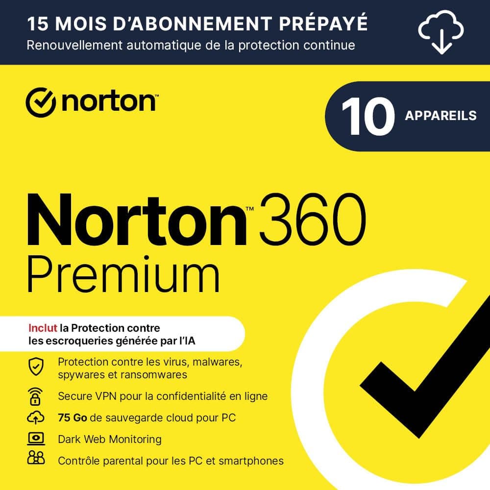 Norton 360 Premium 2026 | 10 appareils | 15 Mois d'Abonnement en renouvellement automatique| Téléchargement
