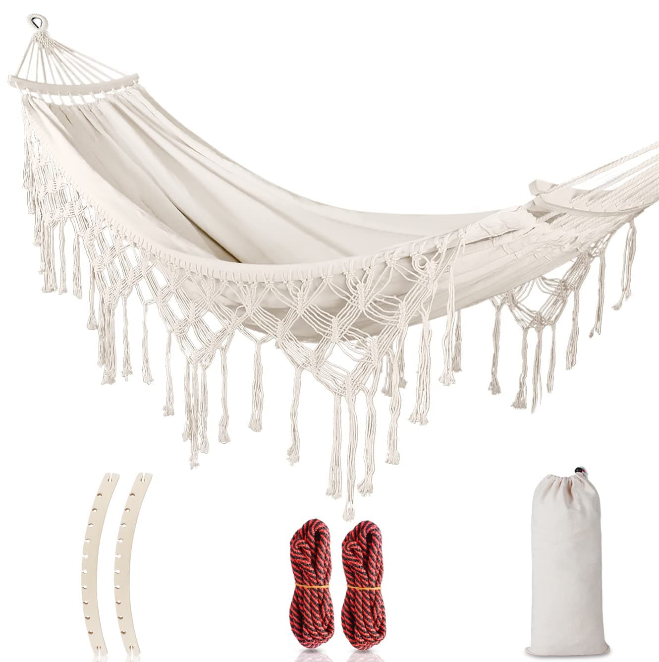 Hamaca Jardin Exterior, Hamaca Colgante con Flecos und Travesaño, Hamacas Tela Cómoda & Fácil de Montar