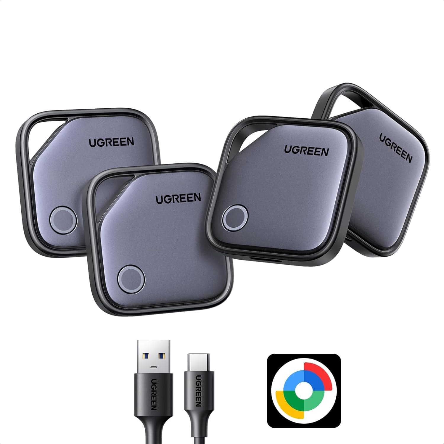 UGREEN FineTrack G Tag Traceur Fonctionne avec Find Hub Android Uniquement Chargement USB C Localisateur Objets Bluetooth pour Clés Valises Portefeuilles Wallet Bagages Sacs avec Câble USB C Lot de 4
