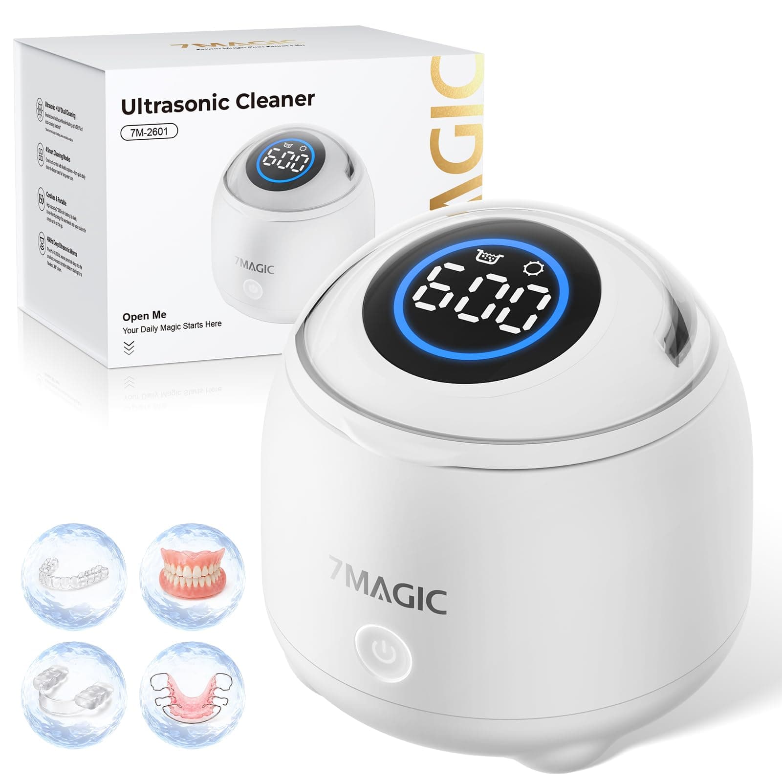 7MAGIC Pulitore ultrasuoni per bite dentale, 48 kHz, UV-C, Bianco | Pulitore ad ultrasuoni per apparecchi dentali, vasca 304, 4 modalità, 100–240 V e 6 pastiglie per bite e protesi