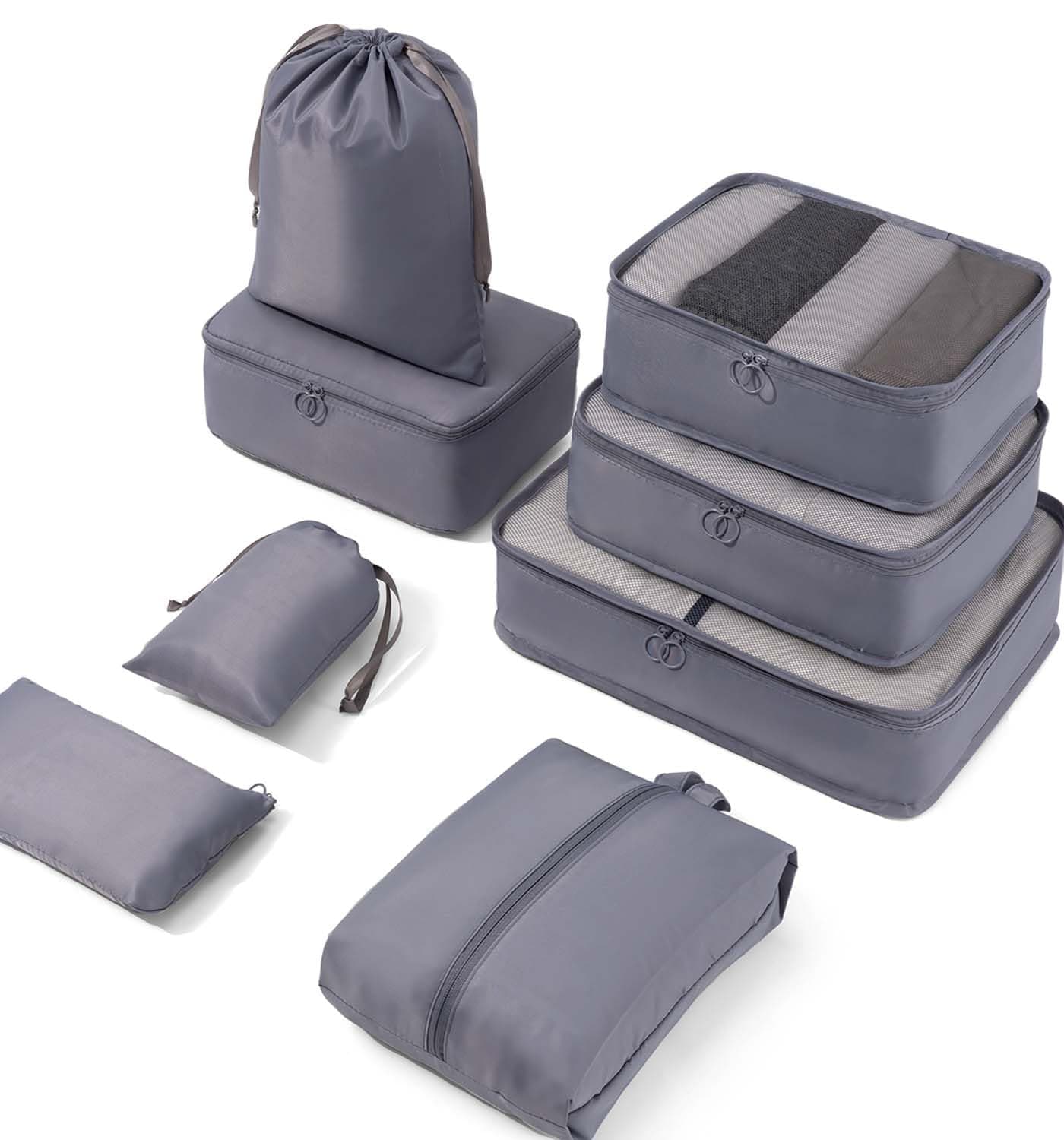 Meowoo Organizador de Equipaje 8 en 1 Set Organizador de Maletas Impermeable Viaje Packing Cubes con Bolsa de Zapato, Material Nylon (Gris 8pcs)