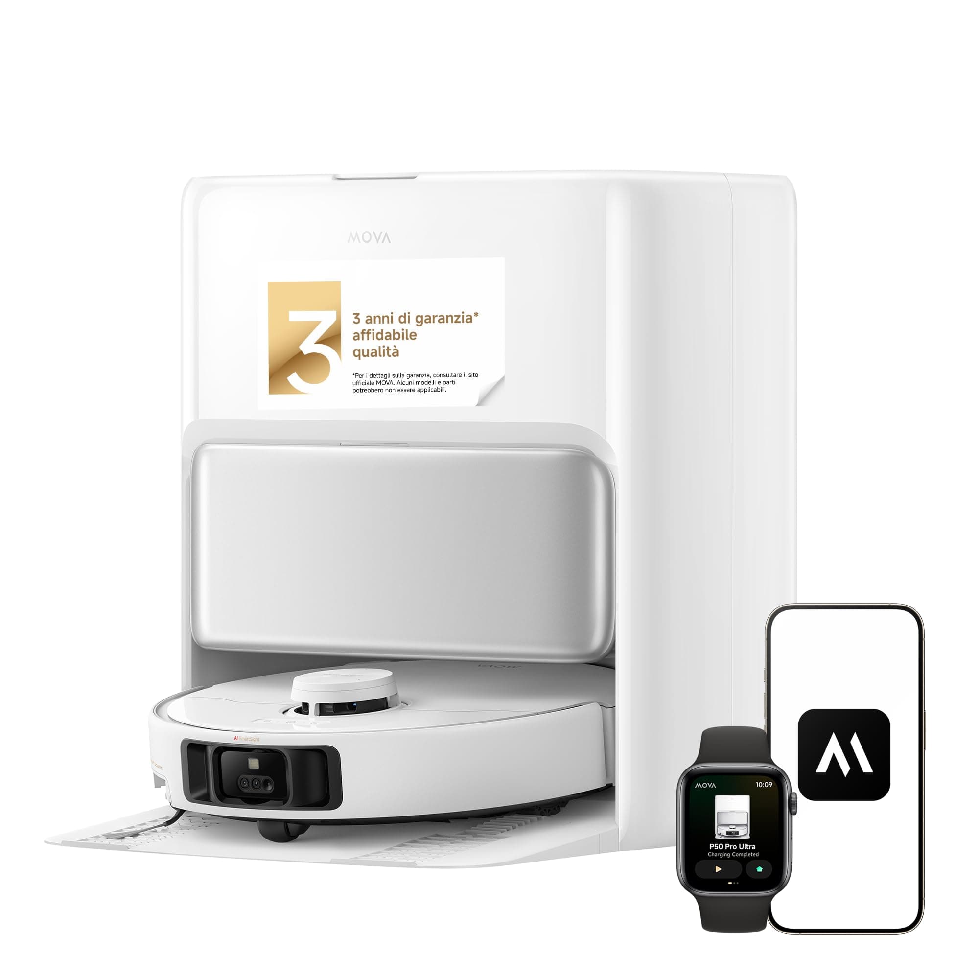 Mova P50 Pro Ultra Robot Aspirapolvere 19000 Pa con Mocio Flessibile, Spazzola Antigroviglio, Svuotamento e Pulizia Auto, Ostacoli Smart, Controllo Vocale, Video e App