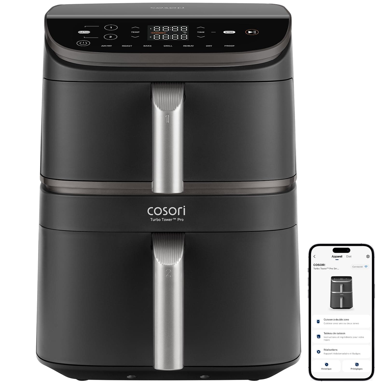 Cosori Air Fryer 10,8L Turbo Tower Pro Smart Revêtement Céramique Connecté | Sans PFAS, Double Stack, Dual Blaze&Turbo Blaze, 3 Niveaux Cuisson, 7 Programmes, Économie d’énergie, Recettes en ligne