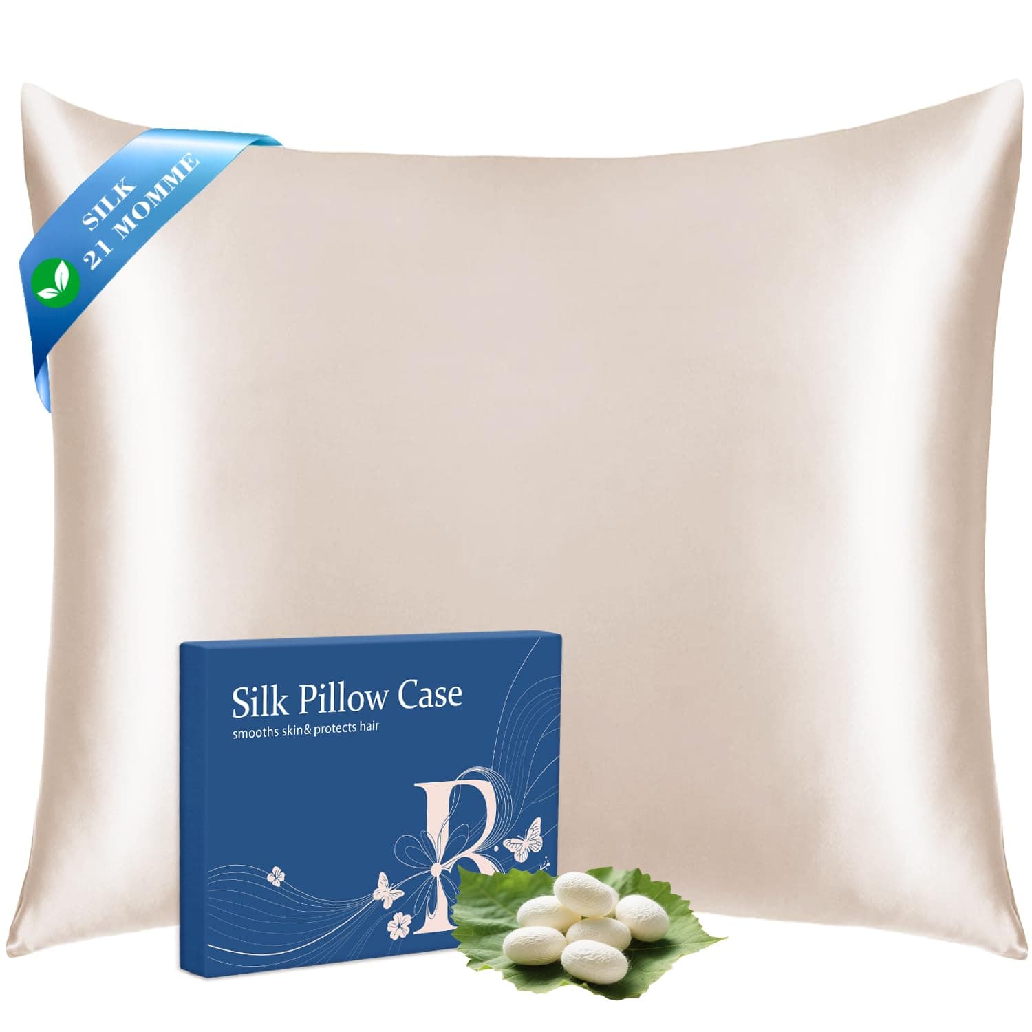 Ravmix Taie d'oreiller en Soie, 100% Soie Naturelle de mûrier 21 Momme Certifiée Oeko-TEX® Bienfaits Cheveux et Peau, avec Fermeture éclair cachée, 1 unité, 65x65 cm, Beige