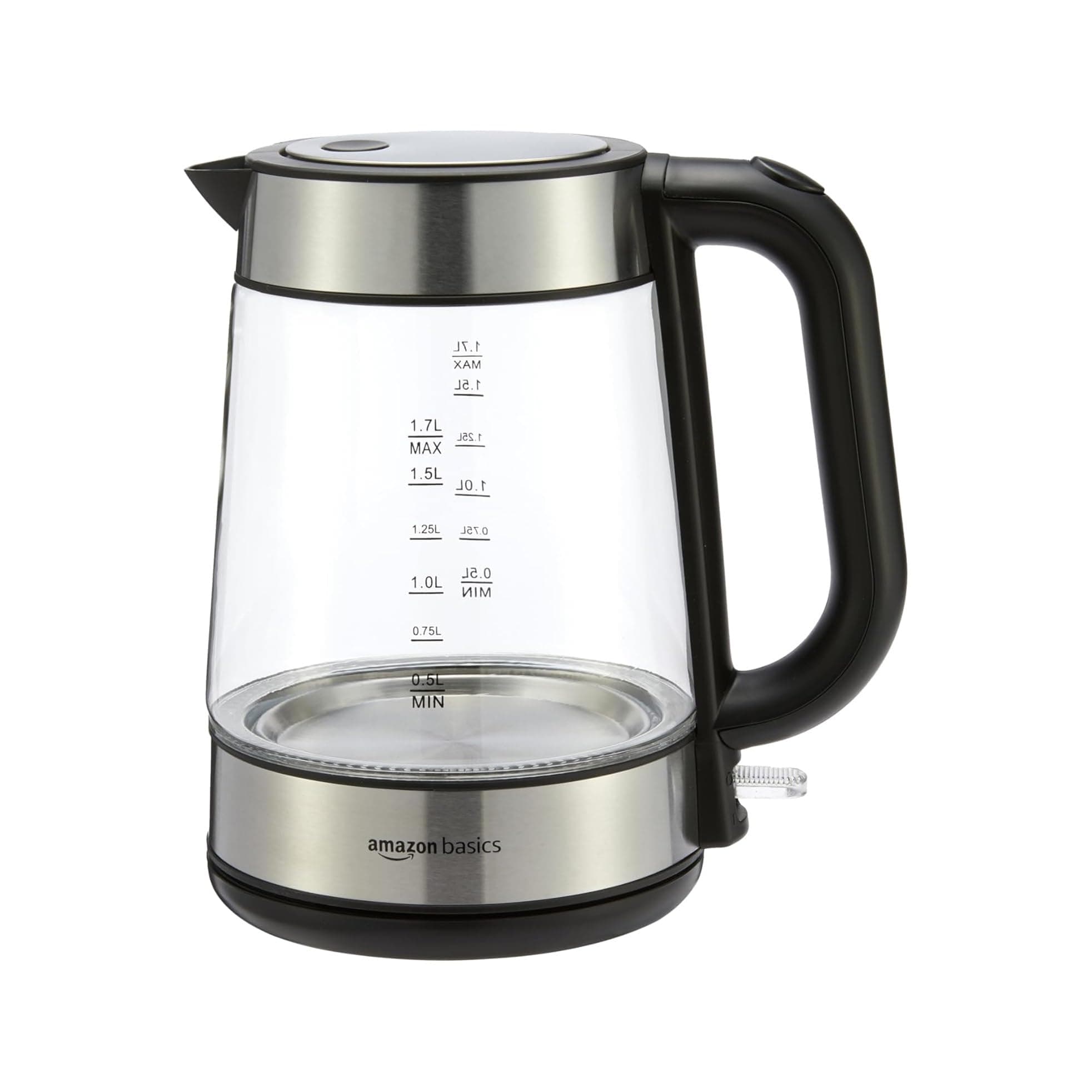 Amazon Basics Bollitore elettrico in vetro, 1.7 l, 2200W, Nero, Argento