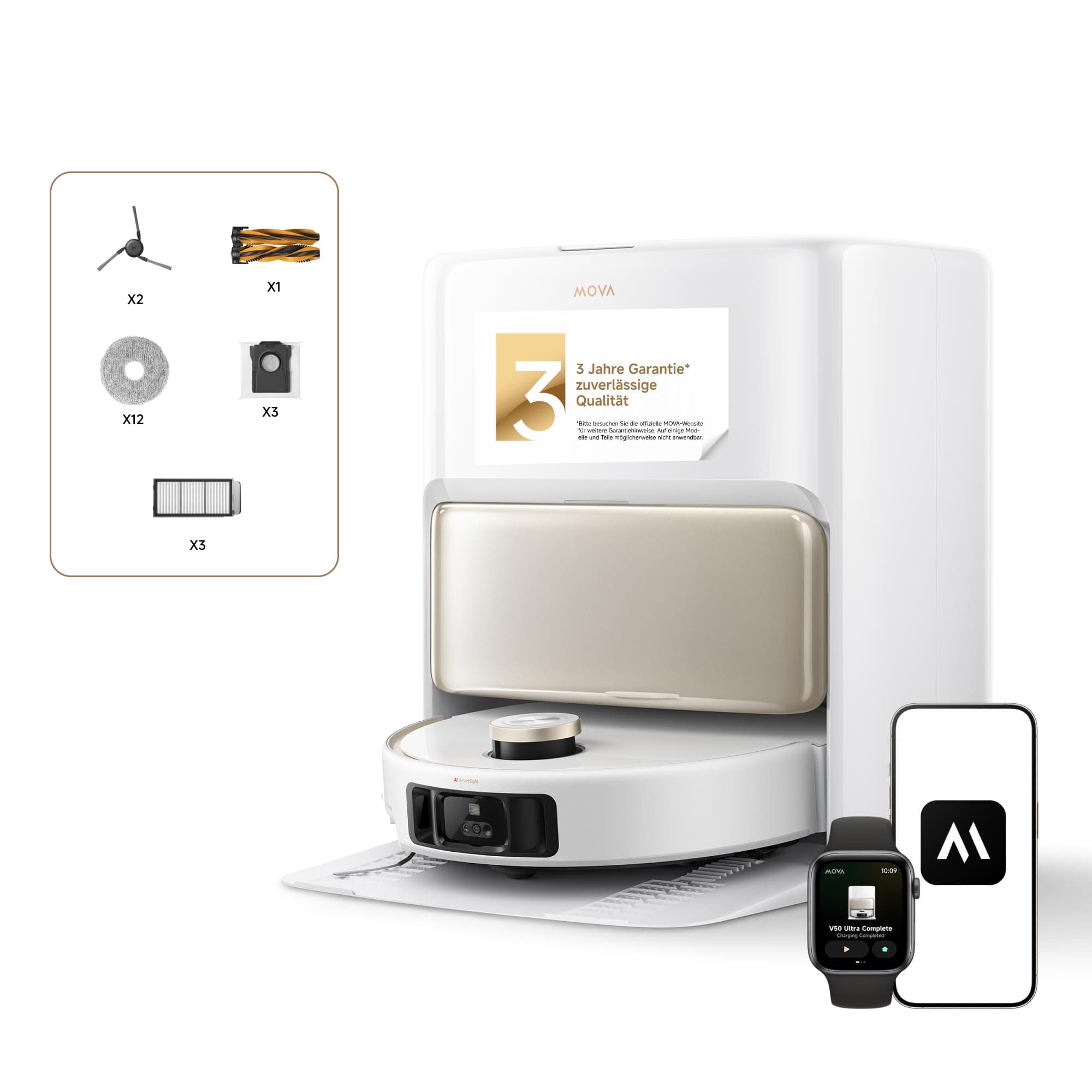 Mova V50 Ultra Complete Saugroboter mit Wischfunktion 24.000 Pa, 6cm Hindernisüberwindung, Liftable Navigation+RGB AI+LED, DuoSolution System, 80℃ Heißwasserwäsche & 63℃ Selbsttrocknung, Tricut Bürste