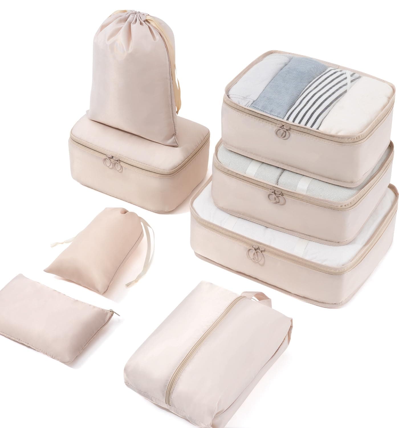 Meowoo Organisateur Valise Lot de 8 Rangement, Rangement Valise Organisateur, Packing Cubes de Voyage Pochette, Compartiment Valise, Sacs pour Les Vêtements, Chaussures et Cosmétiques (Beige)
