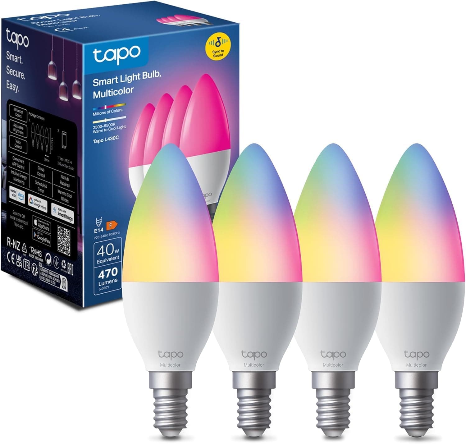 Tapo L430C (4 pack) - Bombilla conectada WiFi, bombilla LED E14, multicolor 2500 K-6500 K, regulable 40 W, 470 lúmenes, funciona con Alexa, control de voz, ahorro de energía,