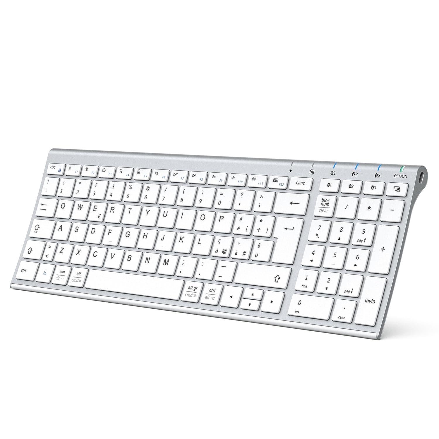 iClever Tastiera Bluetooth Wireless Ricaricabile, Italiano QWERTY, Argento | Profilo Basso, Digitazione Silenziosa, Multi-Dispositivo Bluetooth con Connessione Stabile per Mac OS, Android, Windows