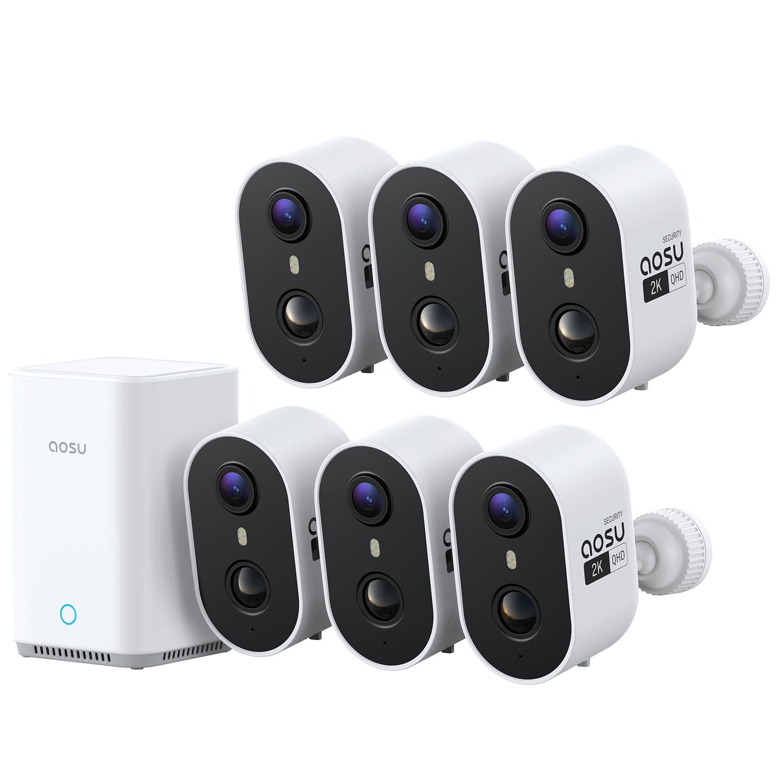 aosu 2K Caméra Surveillance WiFi Extérieure Intérieur sans Fil, 6 Caméras Kit & 2.0 aosuBase, sans Abonnement, Extensible à 1 to, AI PIR Détection, Alarme Son & Lumière Vision Nocturne en Couleur