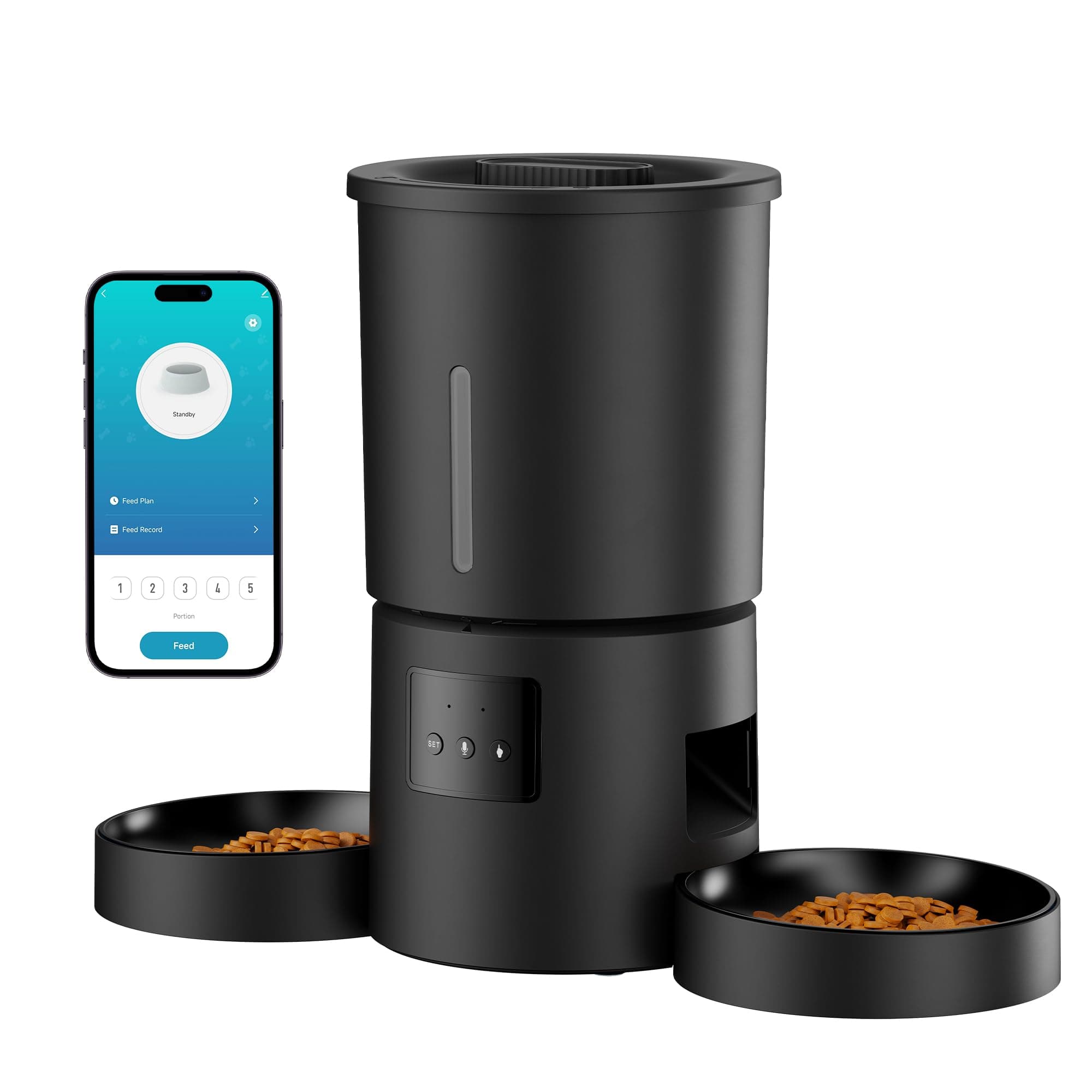 Distributore Automatico Cibo Gatti 2 Ciotole: 5L Distributore Automatico Cibo Cane con Timer WiFi 2.4G per Crocchette - Design Doppia Ciotola per Famiglie con Più Gatti & Cani - Nero