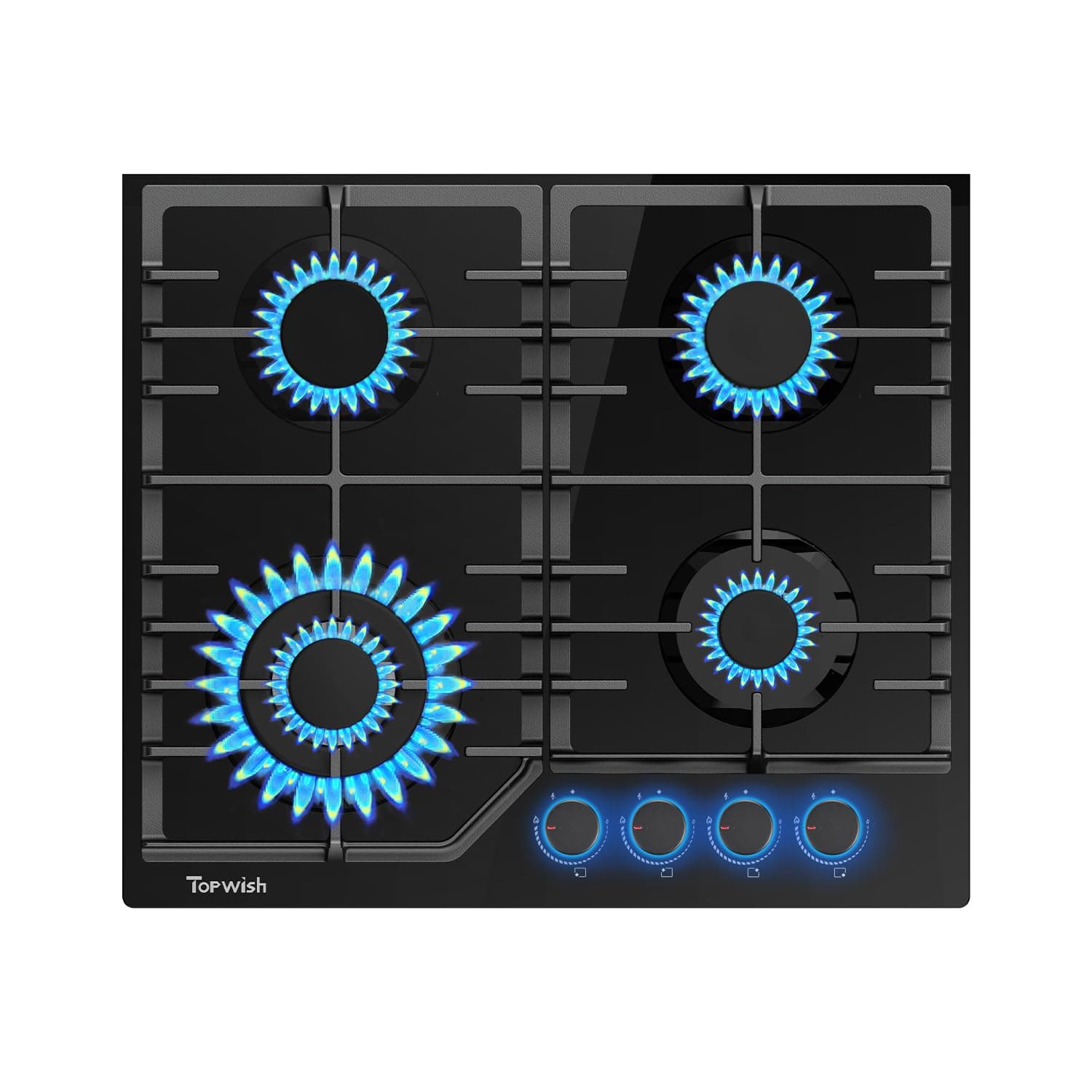 TOPWISH piano cottura gas incasso, piano cottura 4 fuochi gas, con Blu manopole illuminate, NG/LPG convertibile, protezione flame-out, accensione elettronica, 8000 Watt
