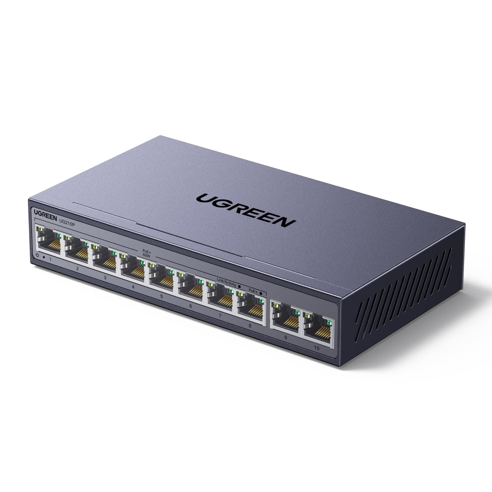 UGREEN 10 Port Gigabit PoE LAN Switch mit 8 PoE-Switches + 2 Gigabit-Uplink-Ports, 60W Gesamt-Netzwerk-Switch, ideal für NVRs, IP-Kameras, unbeaufsichtigte Metallgehäuse