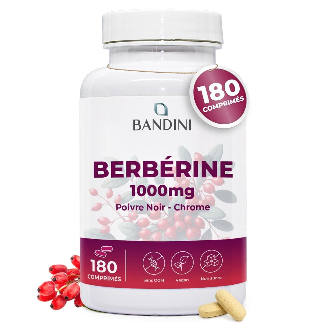 Bandini® Berberine 1000mg pure haut dosage | 180 comprimés de Berberin HCl | Berberis Aristata 97% + Chromium et Poivre noir | Absorption maximale | Fonction digestive, hépatique, intestinale