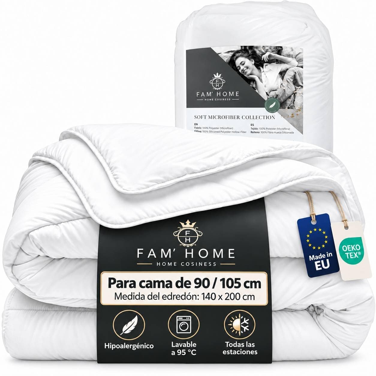 FAM Home Relleno Nordico Cama 90/105 (140x200 cm) Fabricado en Europa | Hipoalergénico, Certificado Oeko-Tex Standard 100, Fabricado en Europa, Lavable en Lavadora, (300g/m²)