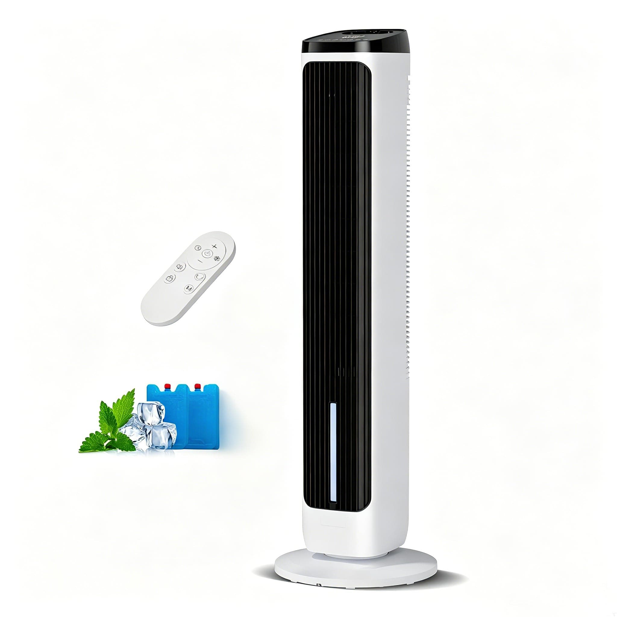 Ventilateur Colonne avec Refroidissement par eau, packs de glace, minuterie 12-H, 4 modes, 3 Vitesses, Oscillation à 80°, Refroidisseur d'air par Évaporation Portable avec télécommande, pour chambre à