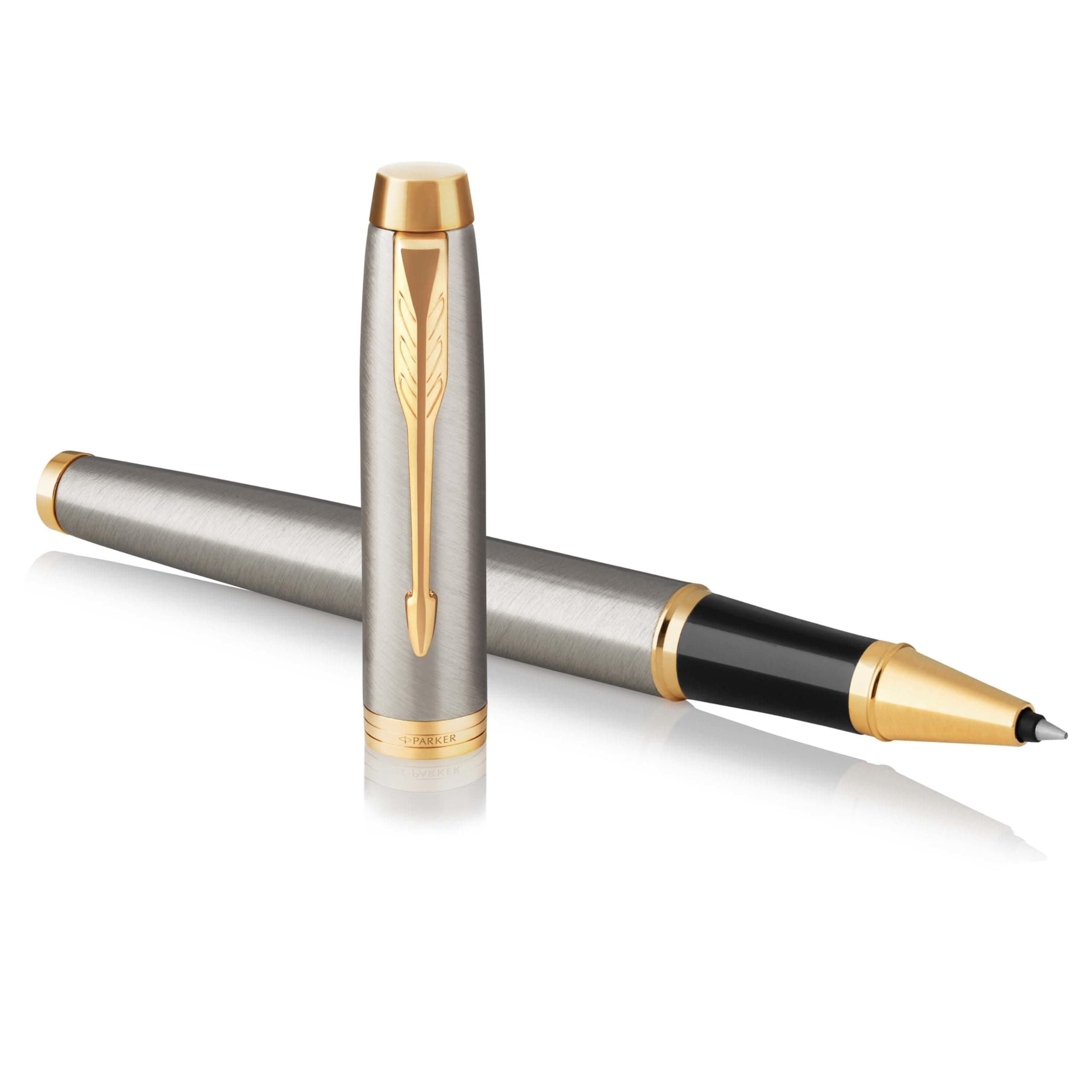 Parker IM Bolígrafo Roller | Punto fino | acero inoxidable con adorno dorado | tinta negra | en estuche de regalo