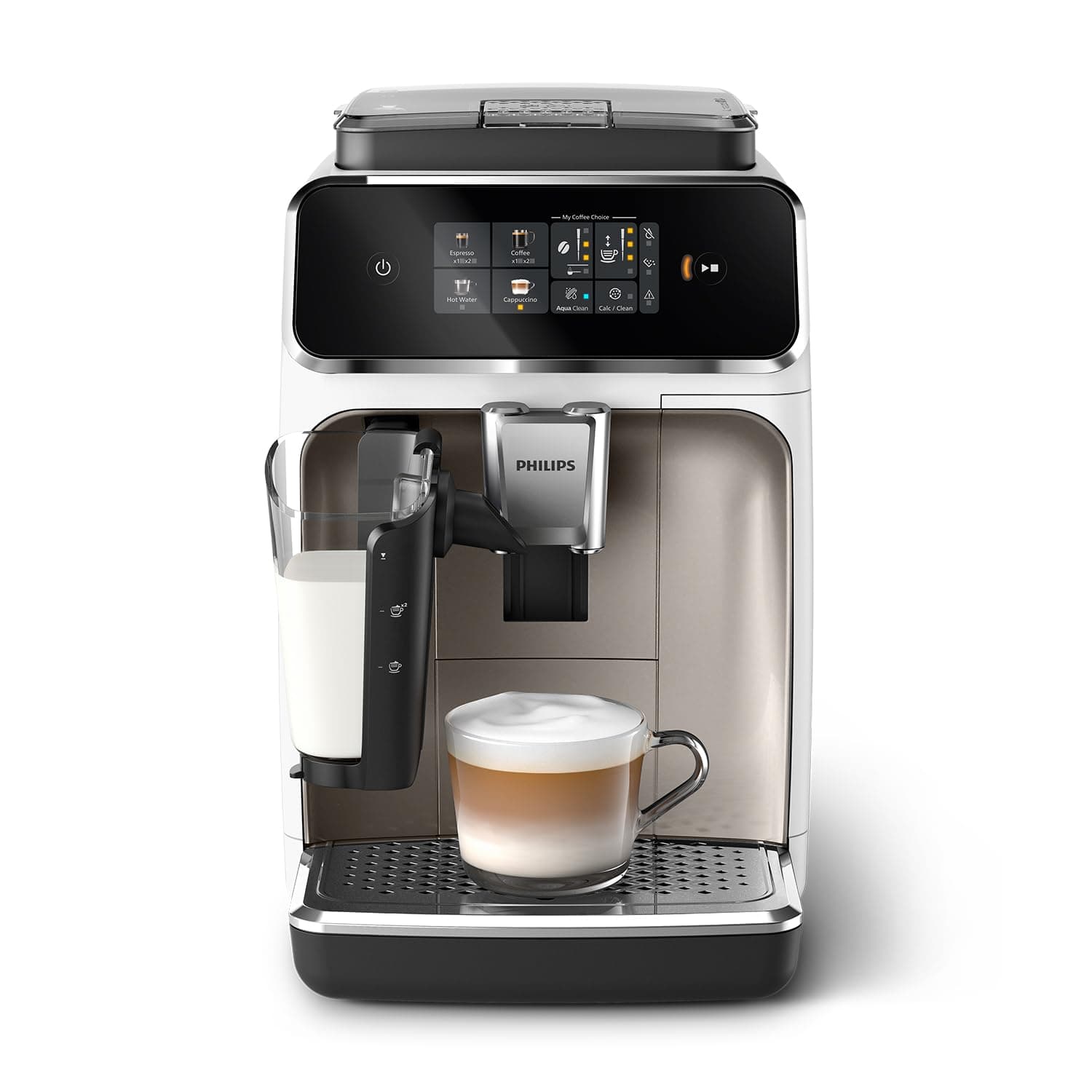 Philips 2300 Serie Vollautomatische Espressomaschine - 4 Getränke, modernes Farb-Touchscreen-Display, LatteGo-Milchsystem, SilentBrew, Keramikmahlwerk, AquaClean-Filter. Weißes Chrom (EP2333/40)