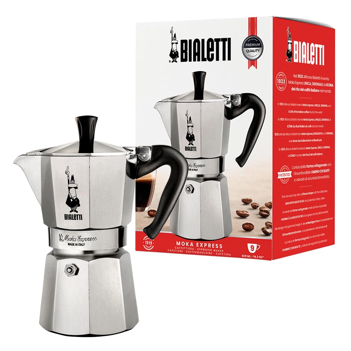 Cafetière Bialetti Moka Express en aluminium (9 tasses), 420 ml, argent