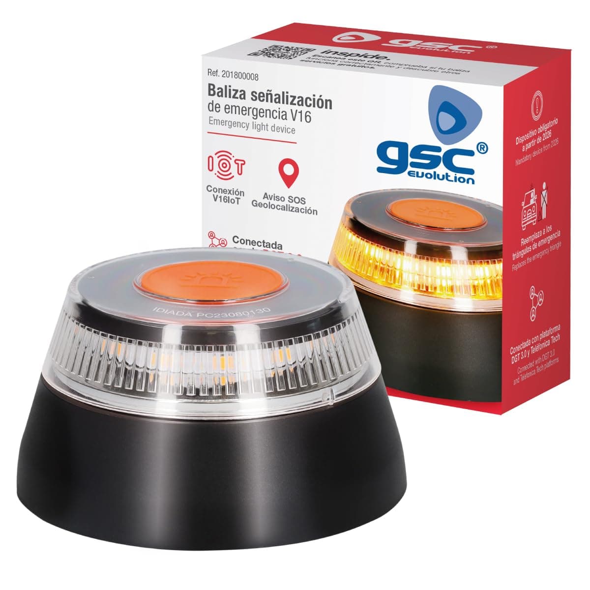 GSC Evolution - Luz de Emergencia V16 con Geolocalización – Baliza Homologada DGT 3.0, Obligatoria en 2026, Señal V-16 para Coche con Aviso de Ubicación y Plan de Datos Incluido