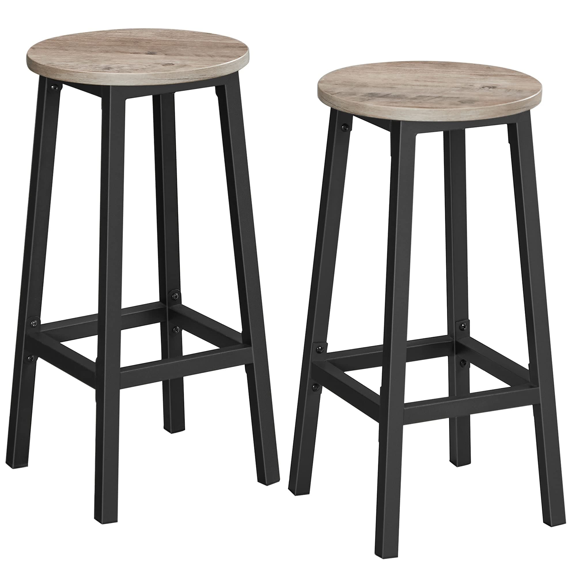VASAGLE Taburete de Bar, Juego de 2, Sillas de Bar, Sillas de Cocina con Marco de Metal, Altura 65 cm, con Reposapiés, para Cocina, Salón, Comedor, Greige Mélange y Negro Tinta LBC032B02