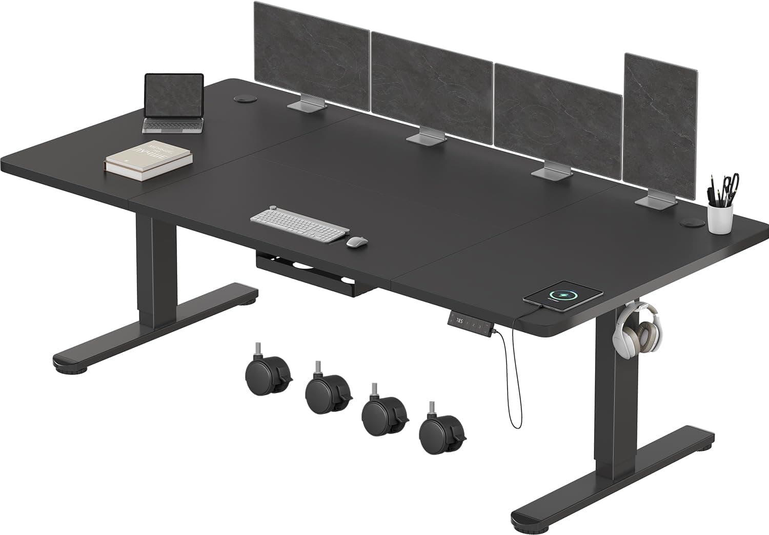 Devoko Escritorio Elevable Eléctrico 200 x 80 cm de Carga USB A, Escritorio Ajustable en Altura con Tablero, 3 Función de Memoria y Anticolisión, Regulable en Altura 72-116cm, Negro
