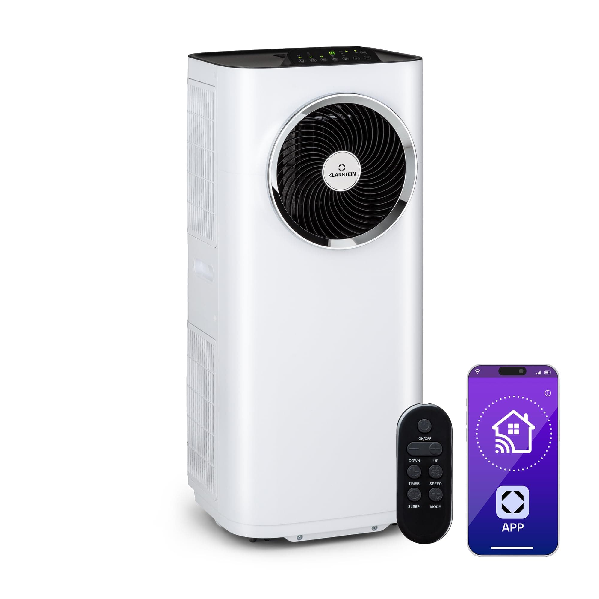 Klarstein Kraftwerk Smart Climatiseur Mobile - 11,500 BTU, 35-59 m², WiFi & App Control, 3-en-1 Refroidissement, Ventilateur & Déshumidificateur, Silencieux 50 dB, ECO Classe A+, Blanc