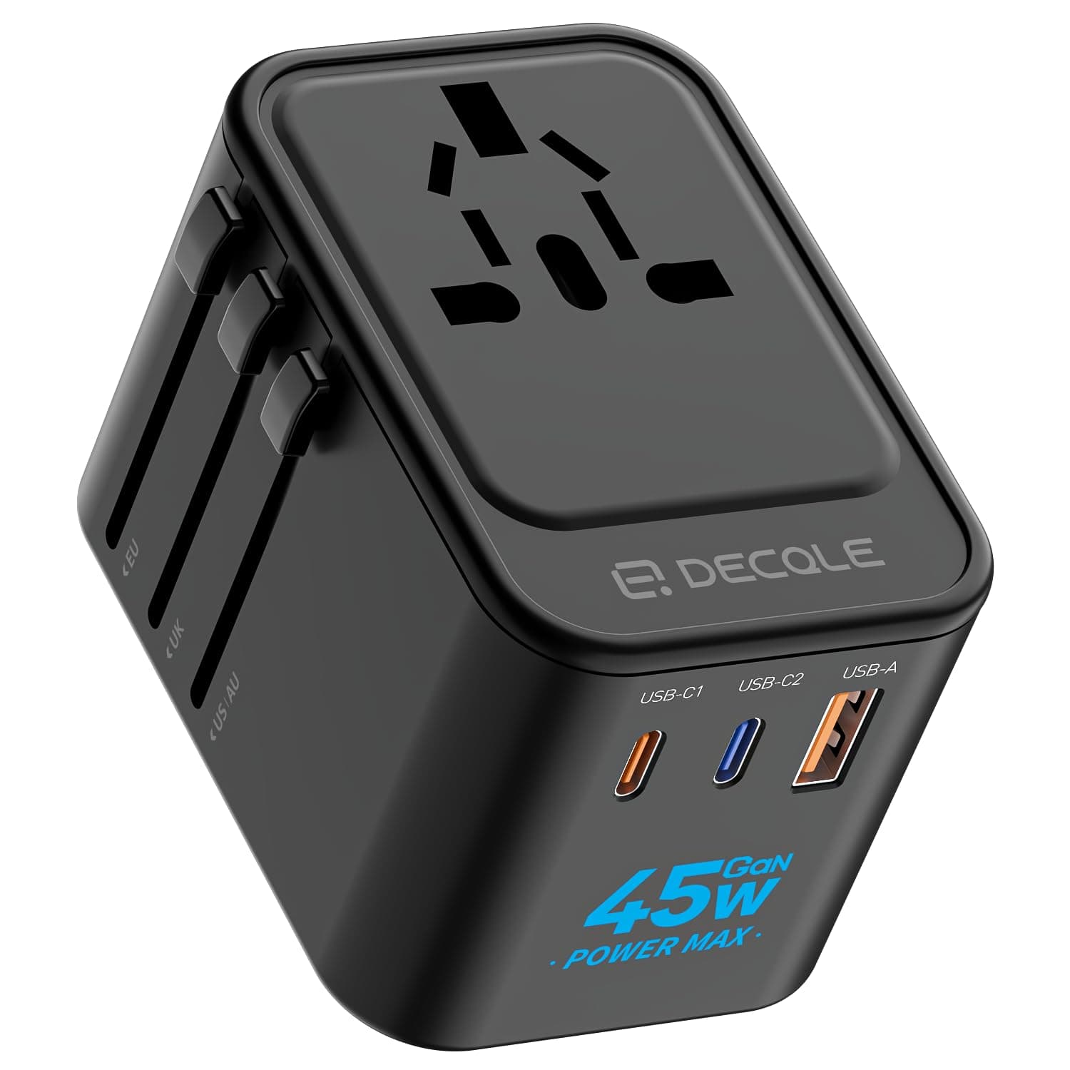 decqle Adaptador Enchufe Universal, Adaptador de Viaje con 2 USB-C(GAN 45W) y 1 USB-A, Adaptador Universal para EU, Reino Unido, Americano, Canadá, Australia& 224+País(Negro)