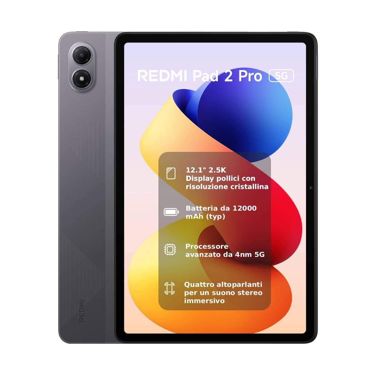 Xiaomi Redmi Pad 2 Pro 5G, 6+128GB, Display 2.5K 120Hz super nitido da 12,1", Batteria da 12.000mAh, Processore 4nm con 5G, Dolby Atmos, Grafite Grigio, Garanzia 2 anni, Caricatore non incluso