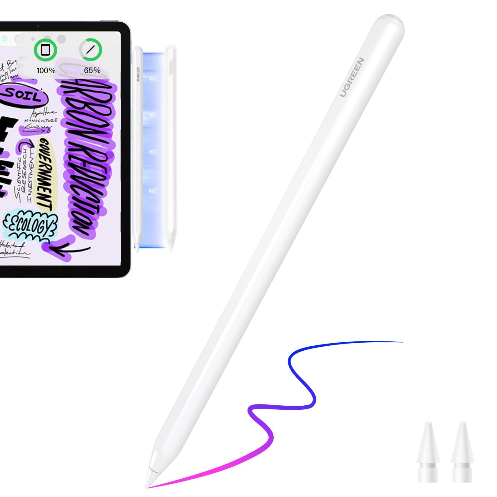 UGREEN Stift für iPad 2. Generation magnetisch kabellosladen Schnellladeleistung Neigungssensitivität Palm Rejection Stylus Pencil für iPad Pro 11" 4/3/2/1, 12,9" 6/5/4/3, iPad Air 4/5, iPad mini 6