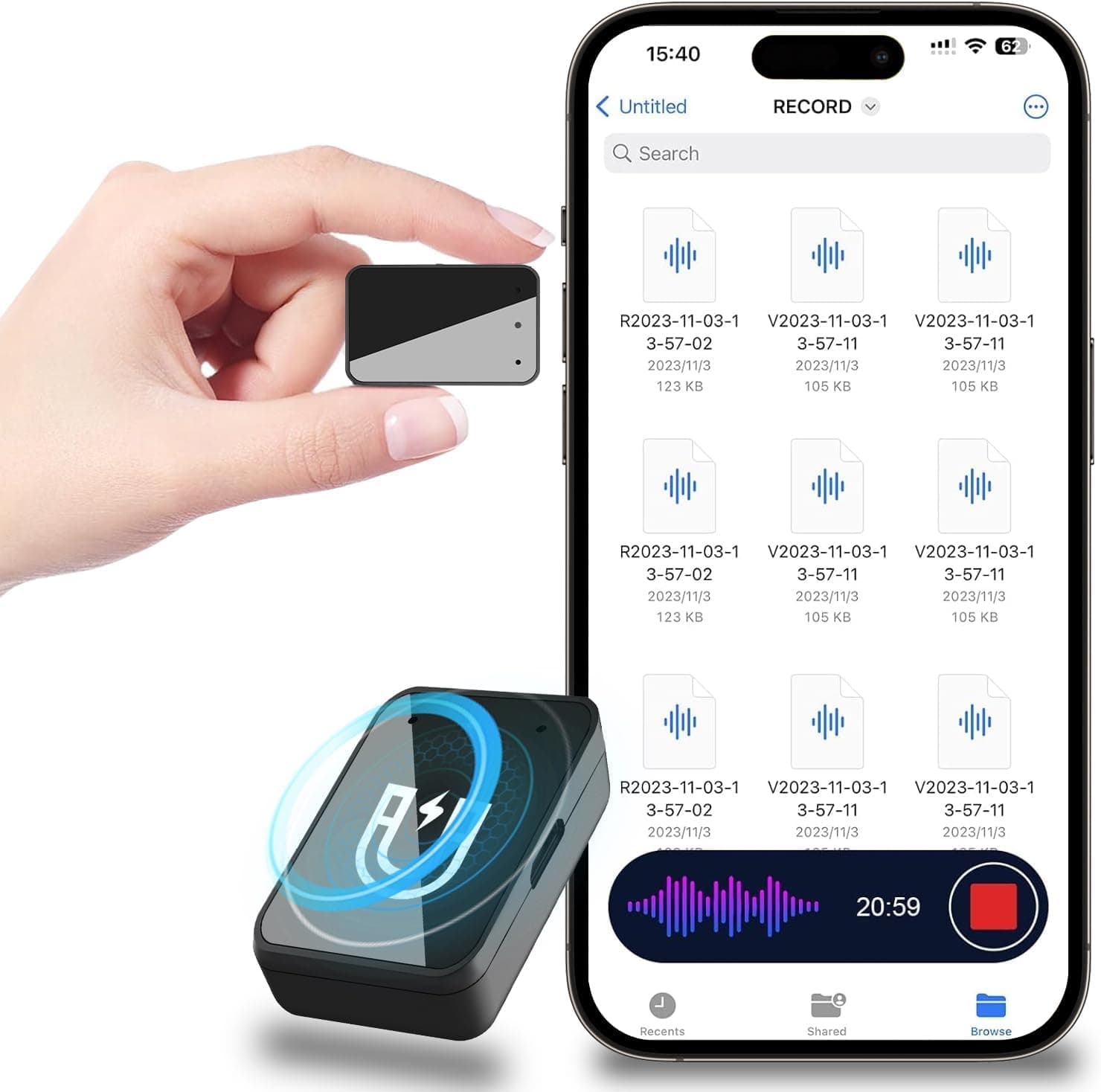 Enregistreur Vocal - Magnétique 16 Go avec Réduction du Bruit, Port USB-C Rechargeable pour études, Conférences, Réunions, Entretiens, Enregistreur Audio Portable avec écouteurs, Facile à Utiliser