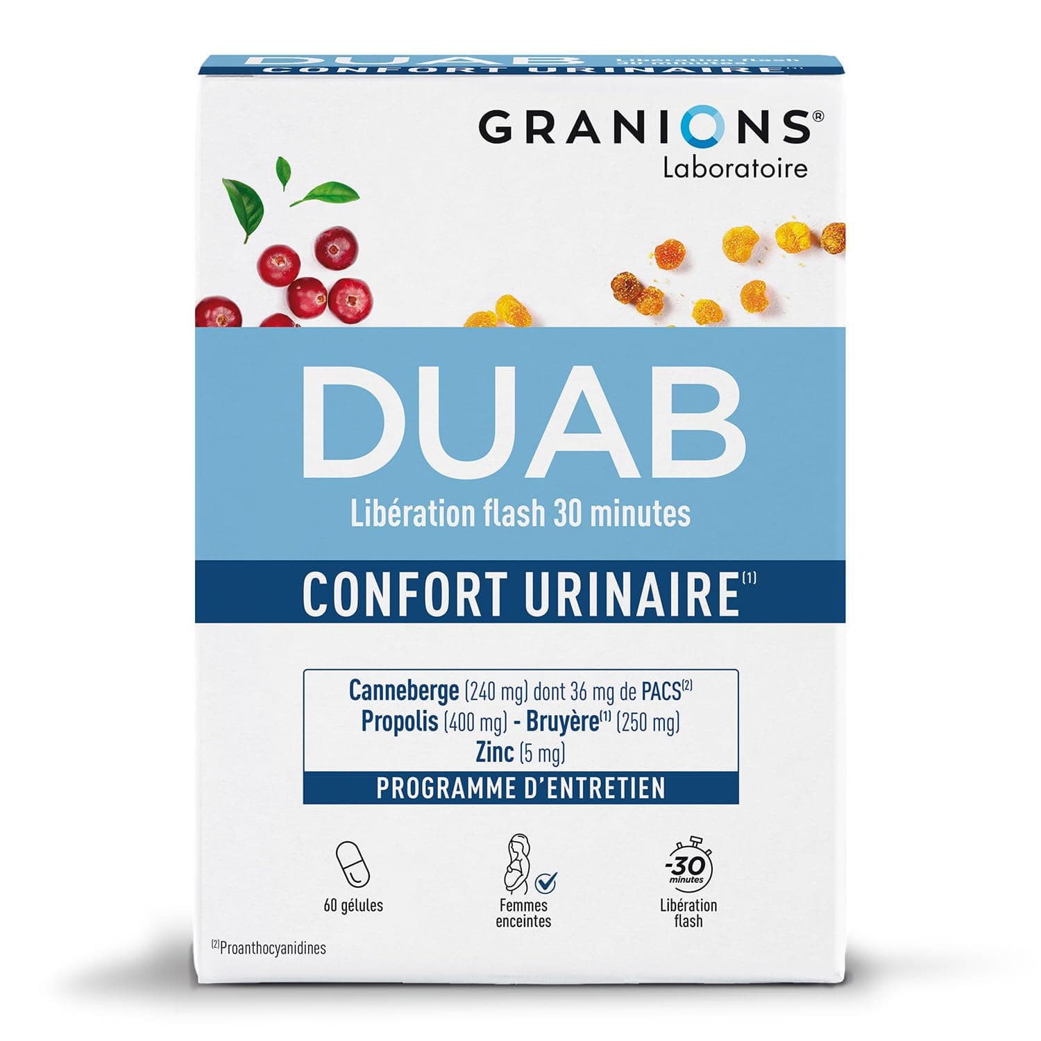 Granions - Duab - Confort Urinaire Femme - 60 Gélules | Solution Contre L'Inconfort Urinaire Femme A Répétition, Zinc, Propolis, Cranberry, Complément Alimentaire