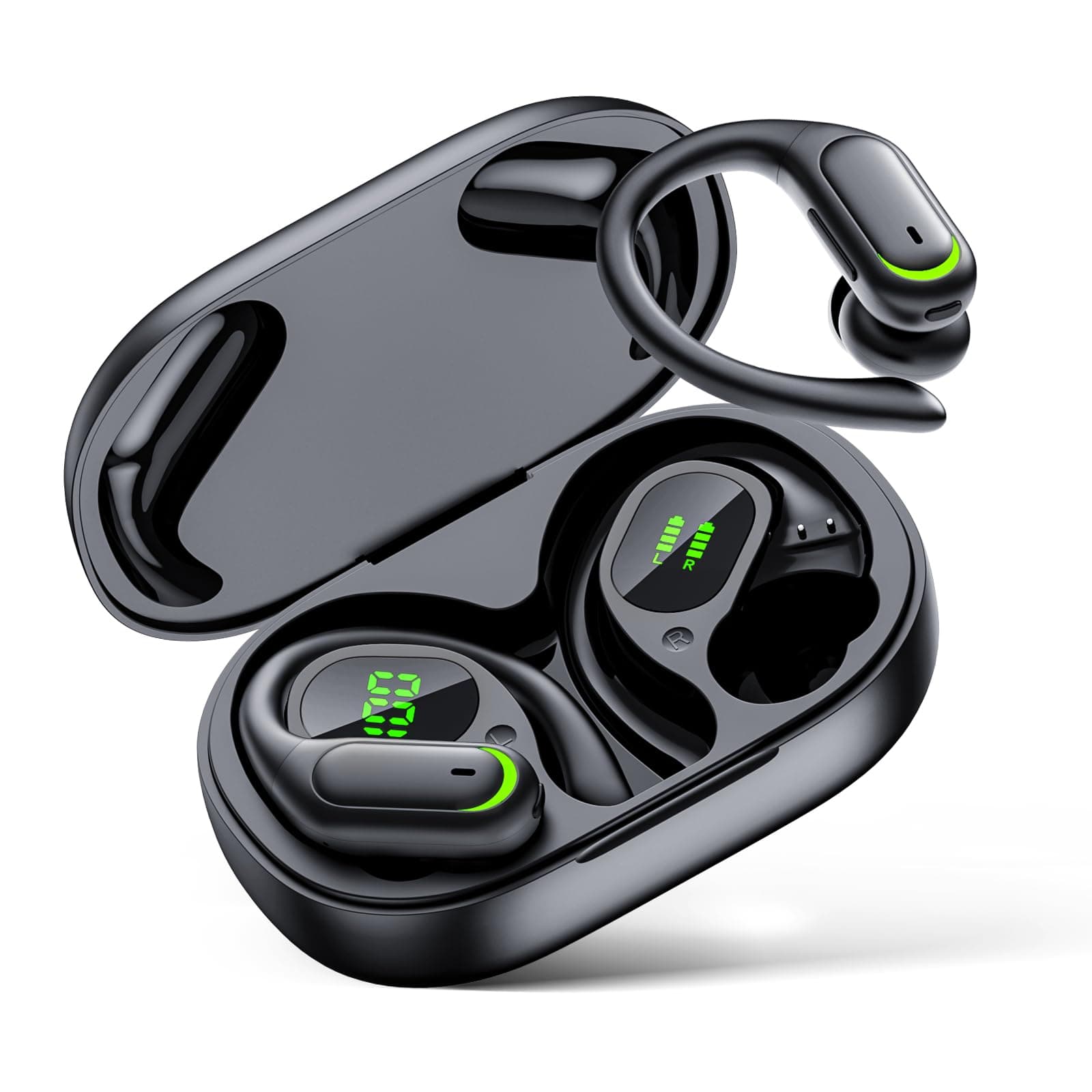 Auriculares Inalambricos Deportivos, Cascos Inalámbricos Bluetooth 5.4 HiFi Estéreo con 4 HD Mic, 50H Reproducción, IP7 Impermeable, Micrófono HD, Pantalla LED, Ideal para Gym Running Fitness - Negro