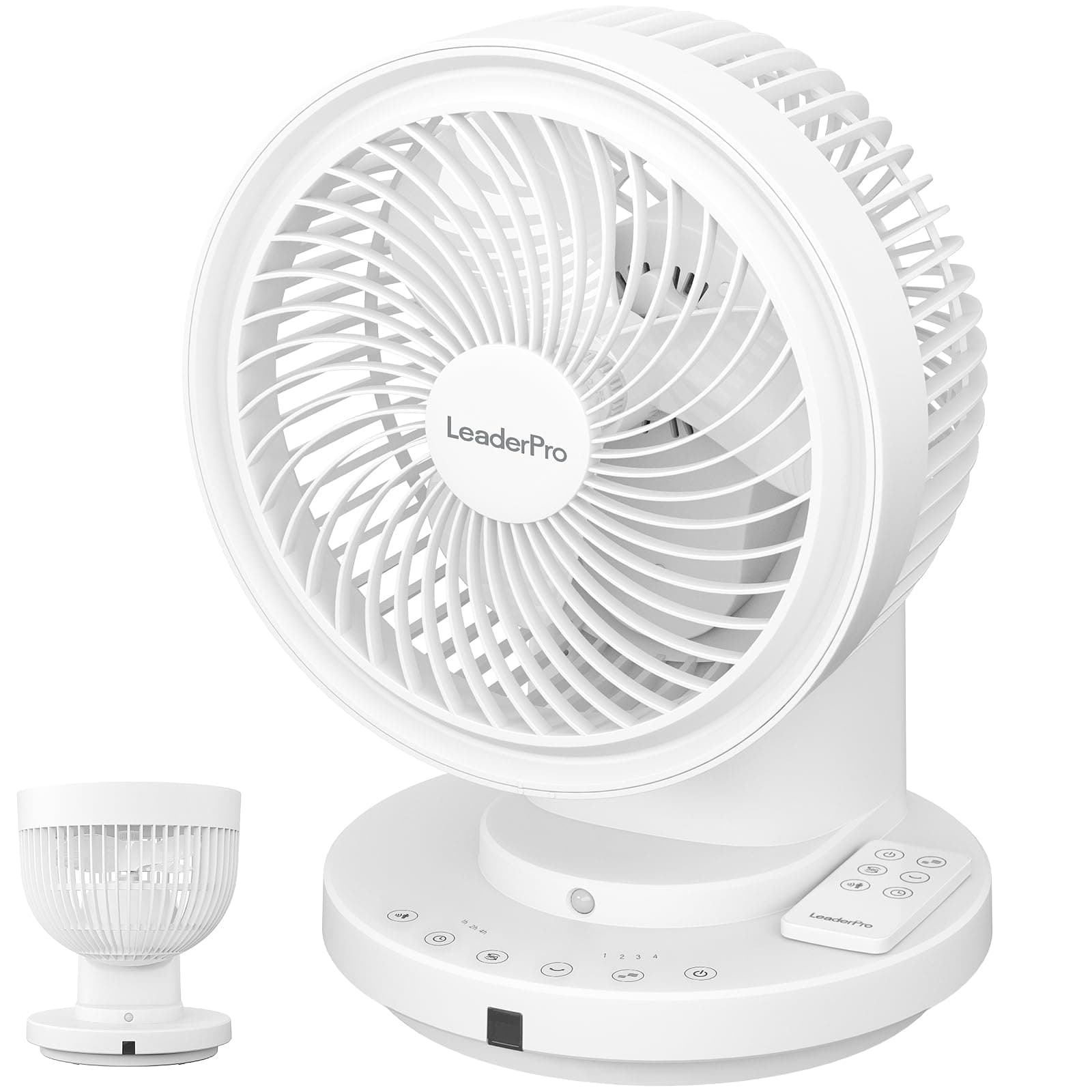 LeaderPro Ventilateur de Table Silencieux avec Télécommande 25dB, Ventilateur Turbo à Circulation d’Air, Oscillation Horizontale et Verticale, 4 Vitesses, 6,4 m/s