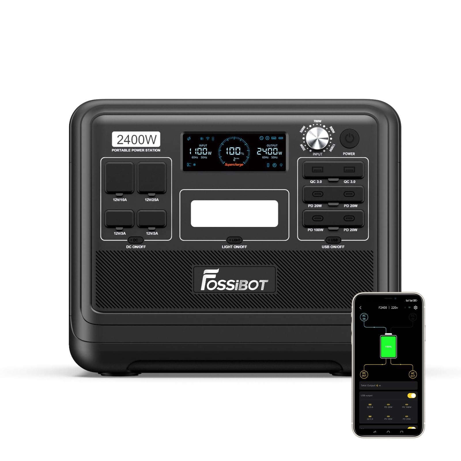 FOSSiBOT Station électrique portable F2400, Generateur Electrique 2048Wh LiFePO4 Batterie de Secours, 3 Sorties CA 2400W(4800W Pic) 230V Recharge, générateur solaire pour Camping, Voyage