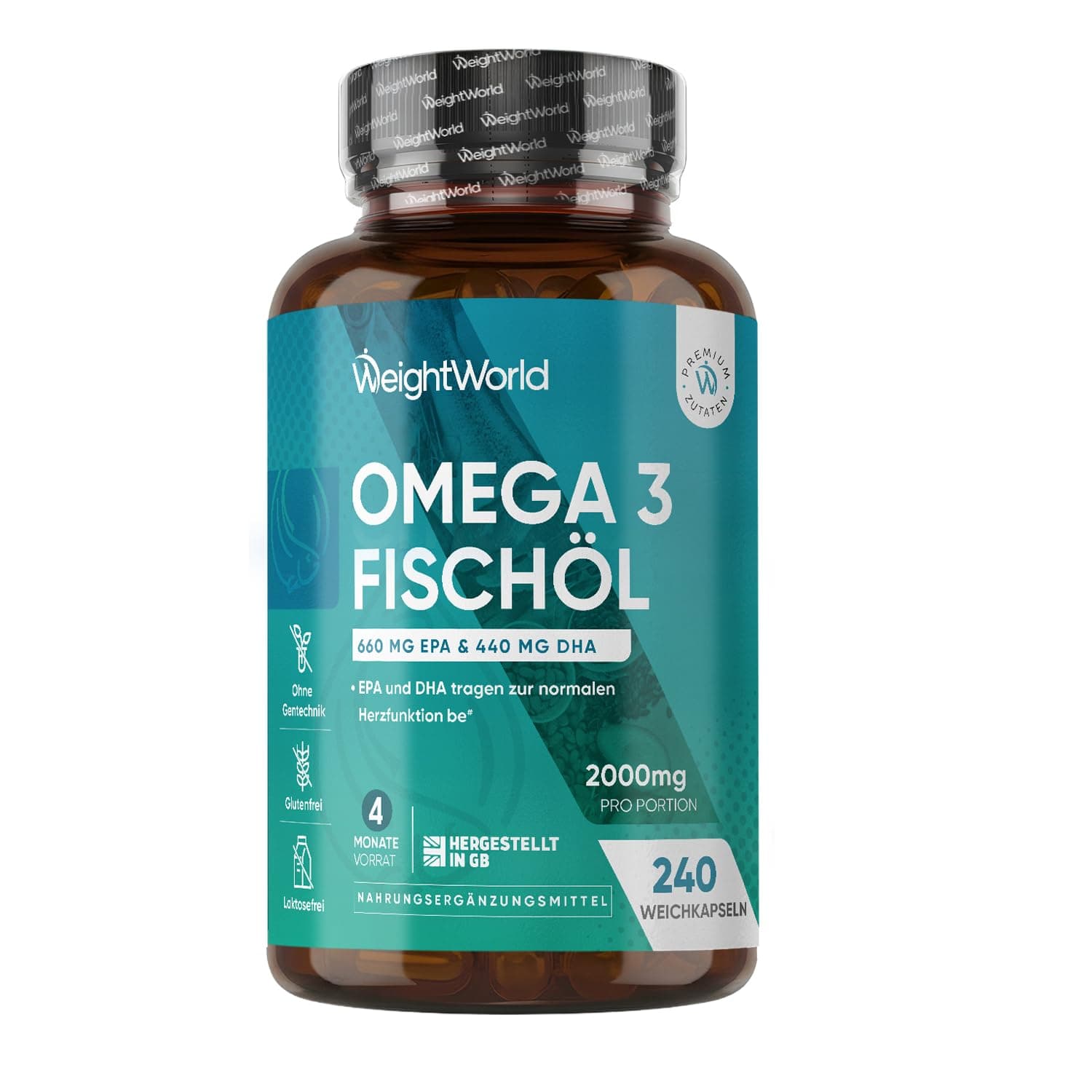 WeightWorld Omega 3 Weichkapseln - 2000mg Fischöl - 660mg EPA & 440mg DHA | 1100mg Omega 3 pro Portion, 240 Omega 3 weich Kapseln, Fish Oil, 2 Weichkapseln täglich, Enthält IFOS zertifiziertes Fischöl