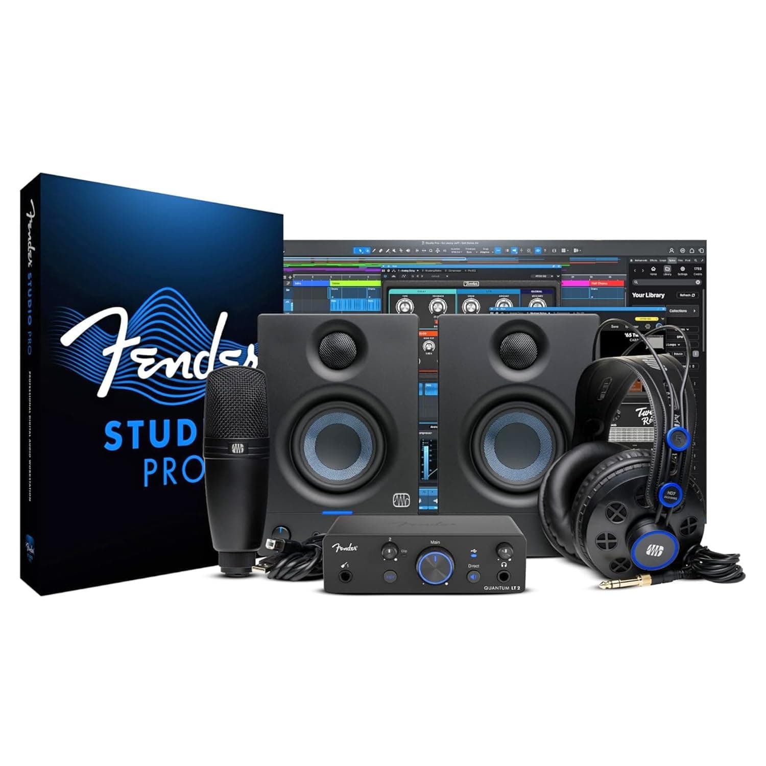 Fender Quantum Complete Bundle | Kit de estudio de grabación doméstico con interfaz de audio USB-C LT 2, monitores Eris 3.5, Fender Studio Pro, paquete de estudio para principiantes
